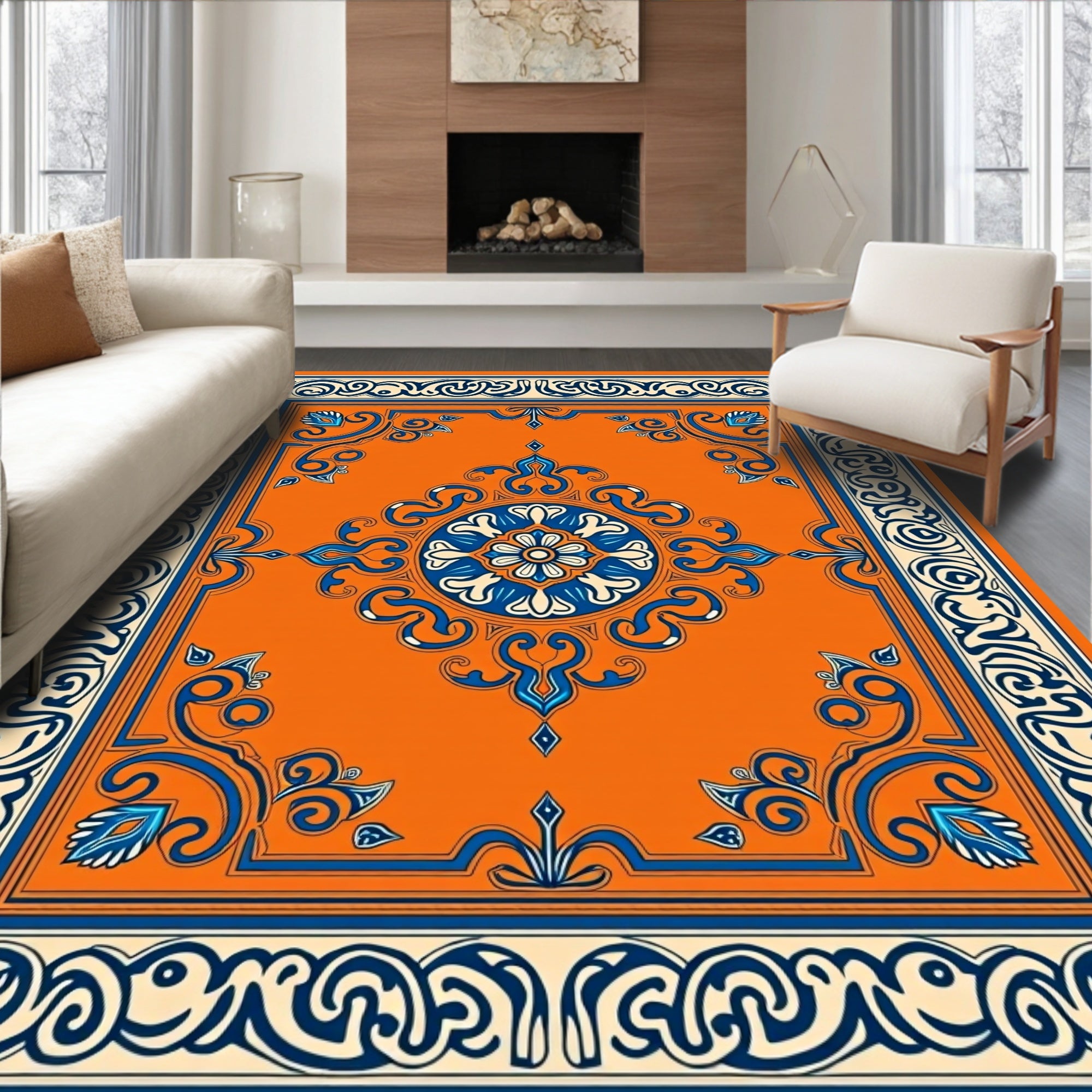 Orange Blue Floral Medallion Border Rug