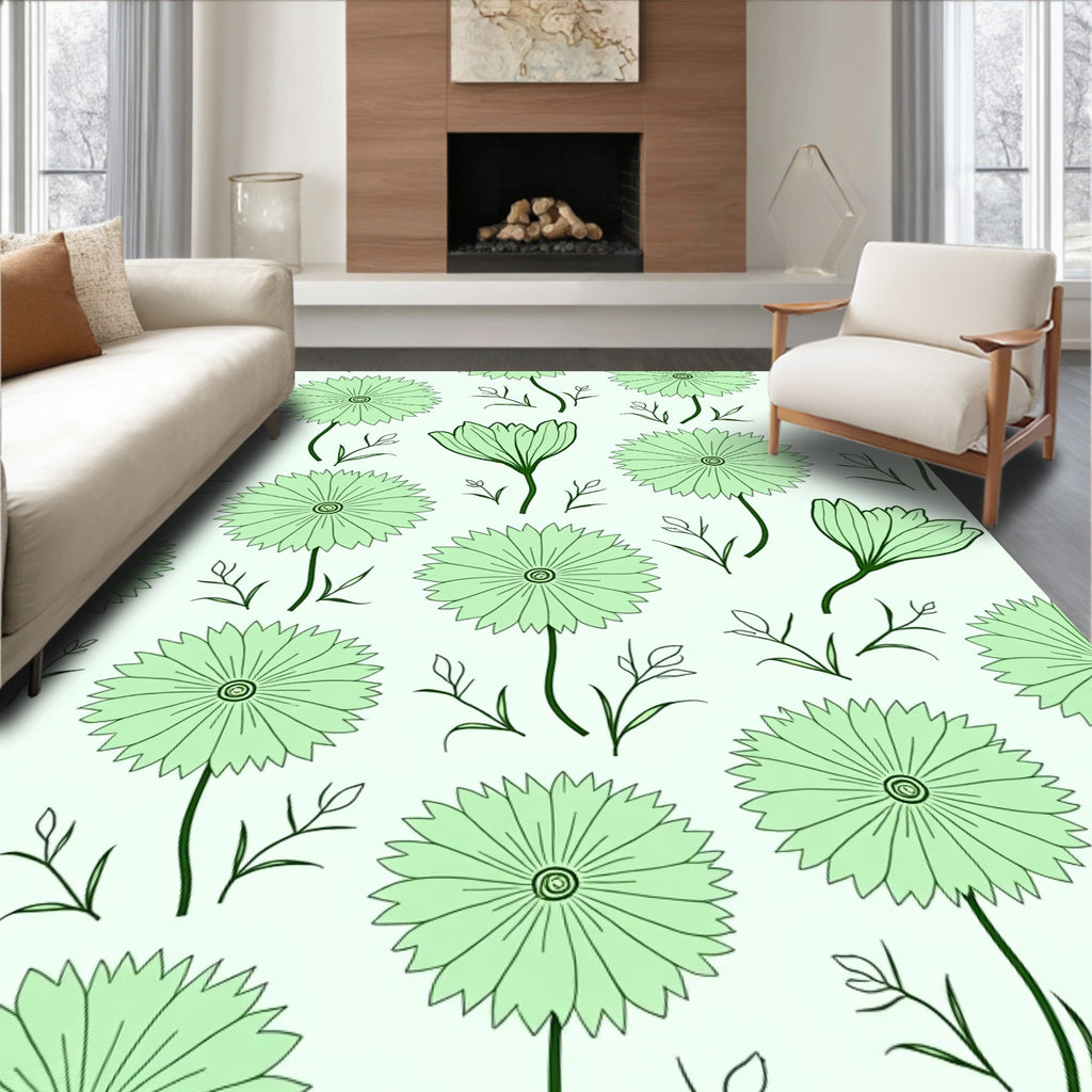 Pastel Green Botanical Flower Field Rug