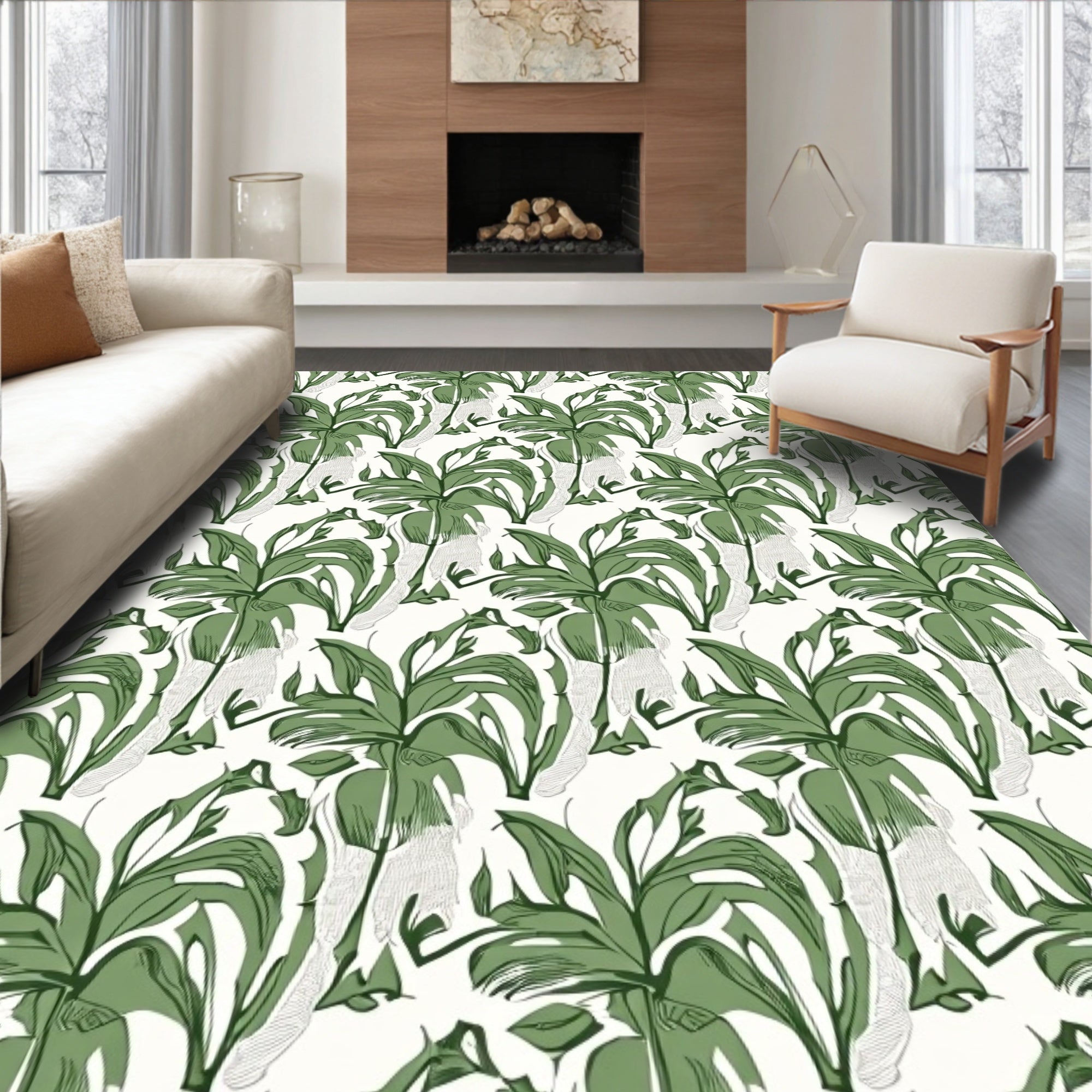 Green Tropical Leaf Medallion Repeating Rug