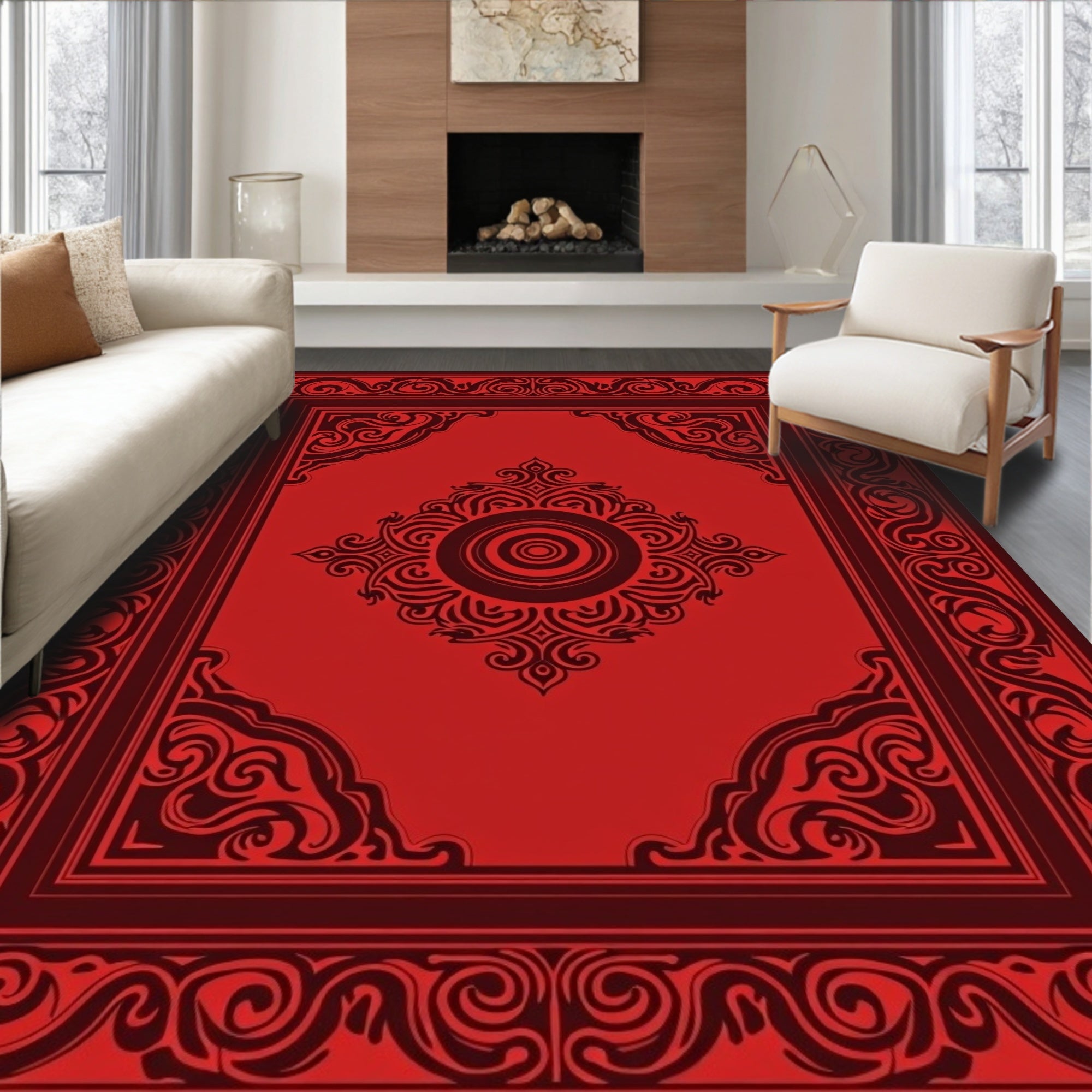 Crimson Red Ornate Border Medallion Rug