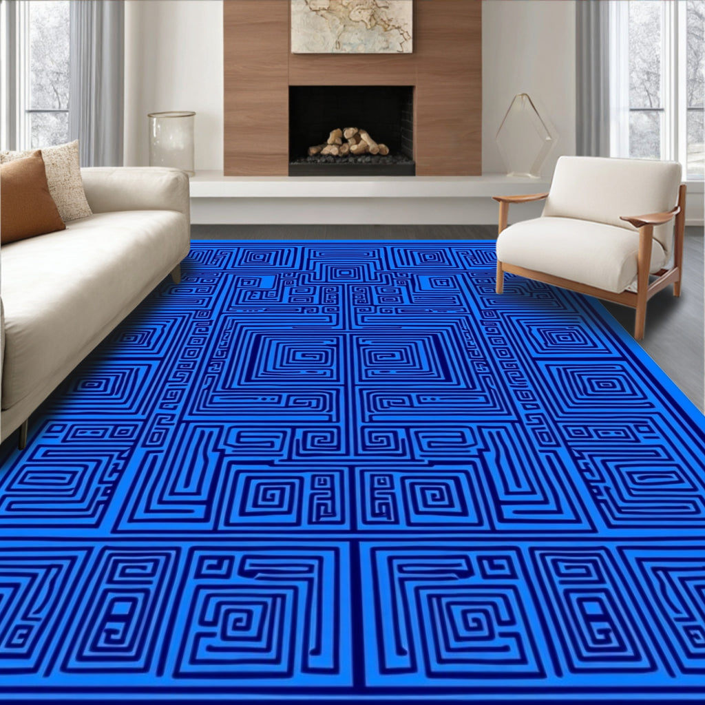 Deep Blue Geometric Maze Rug