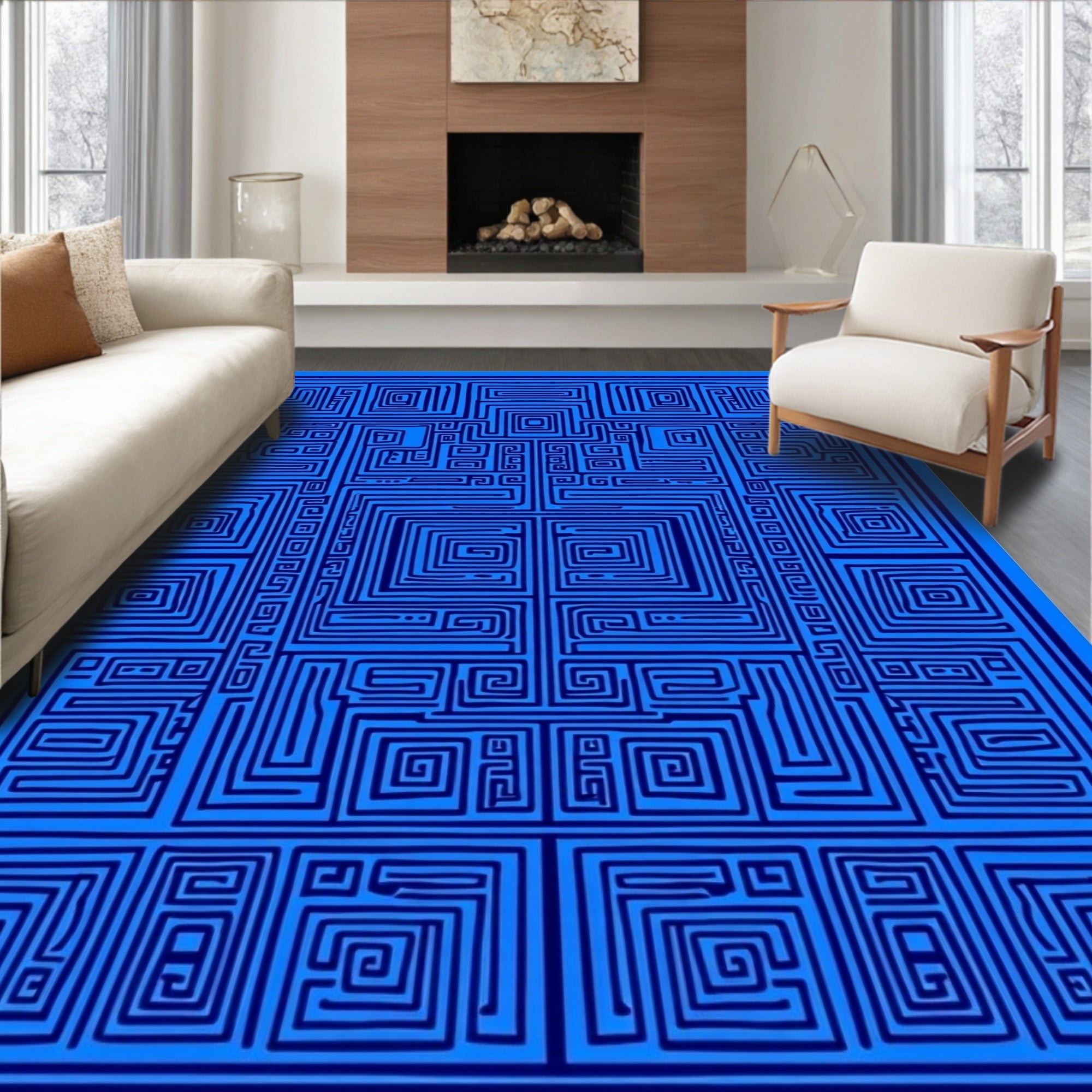 Deep Blue Geometric Maze Rug