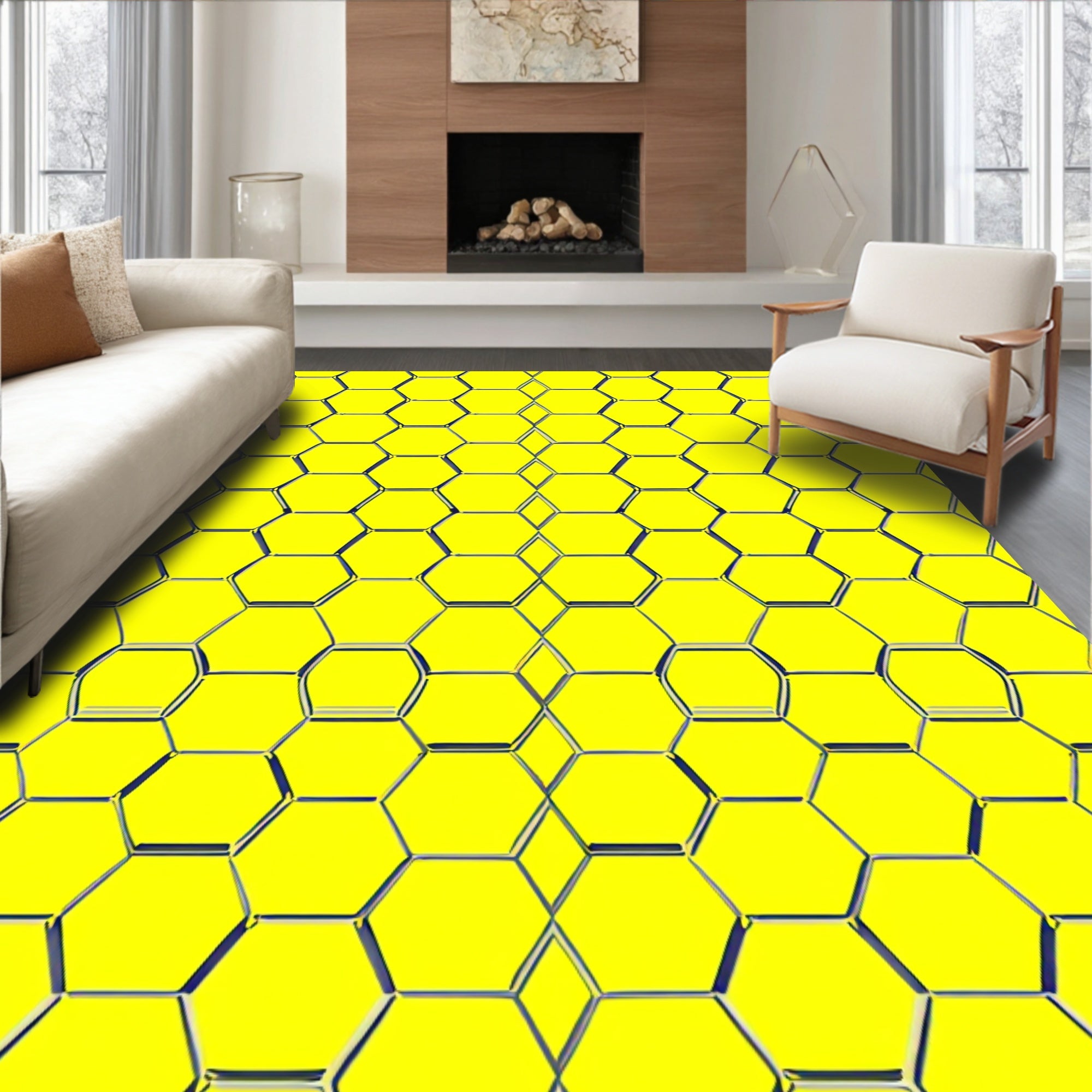Bright Yellow Honeycomb Geometric Rug