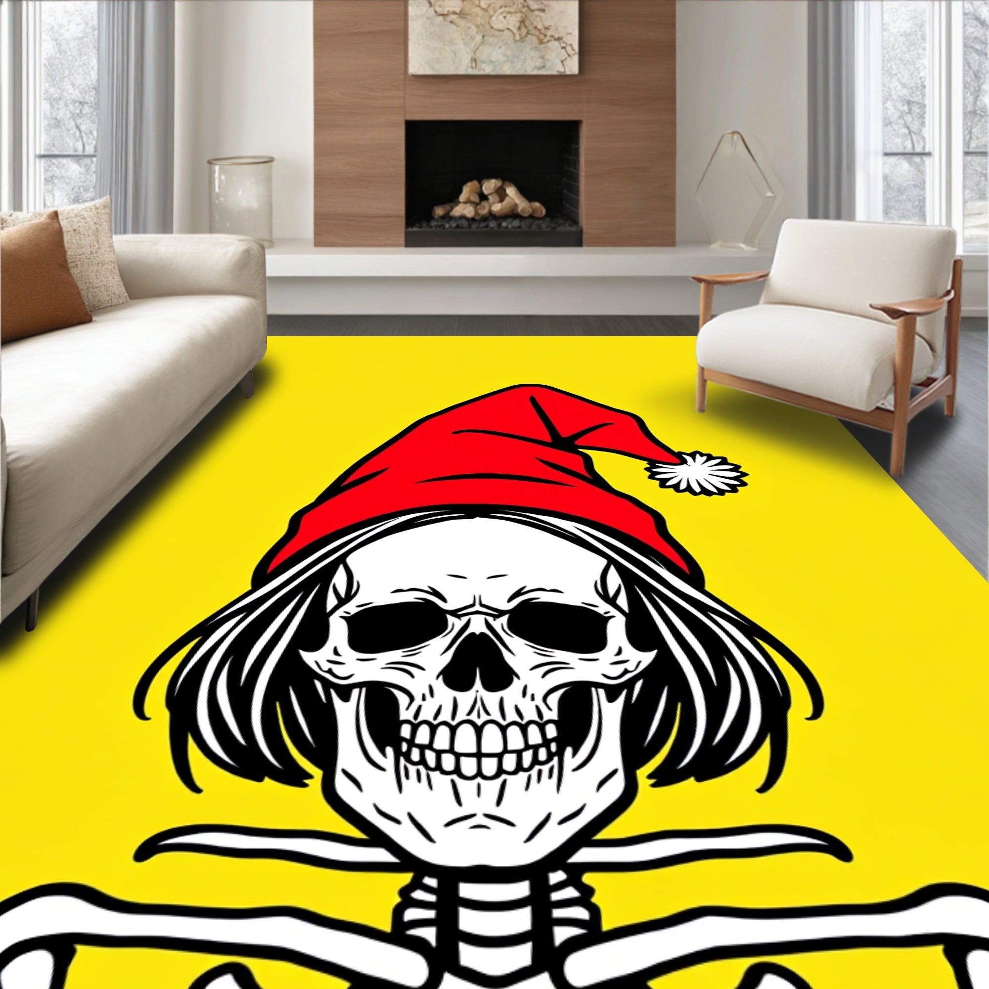 Whimsical Red Hat Skull Yellow Graphic Rug