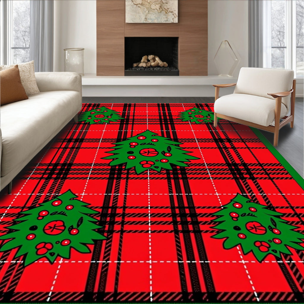 Festive Red Plaid Christmas Trees Rug