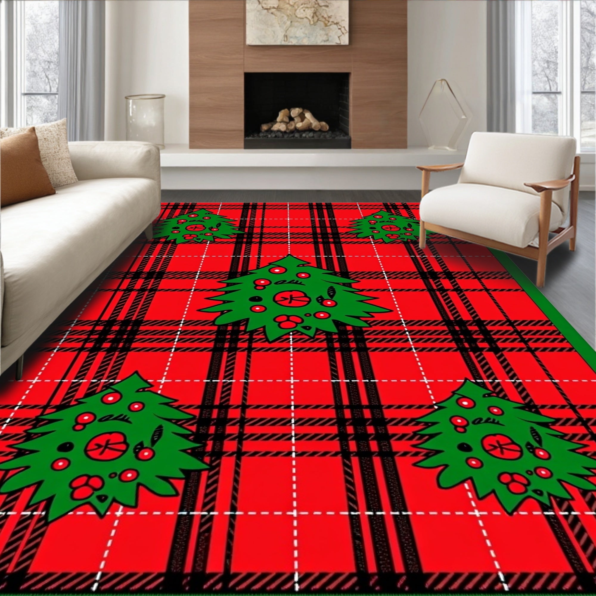 Festive Red Plaid Christmas Trees Rug