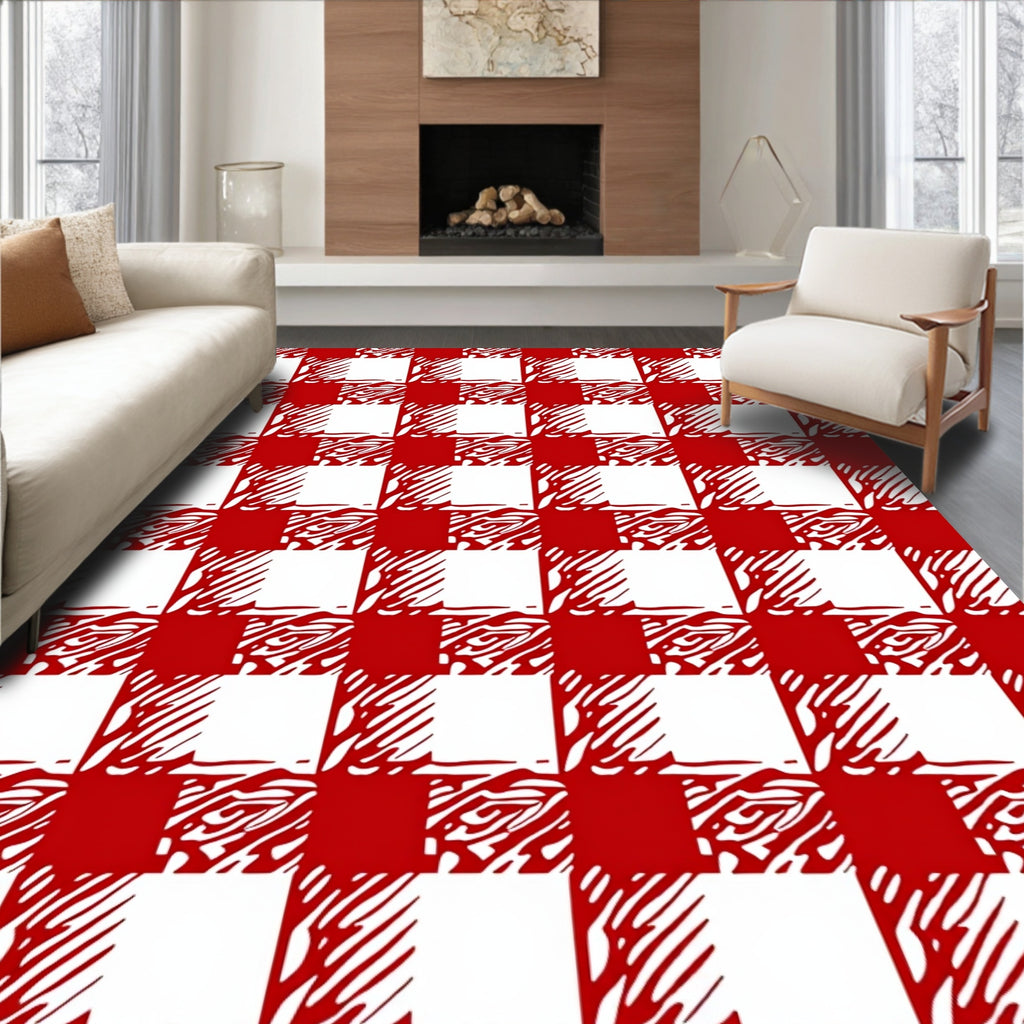 Red and White Checked Abstract Squares Rug