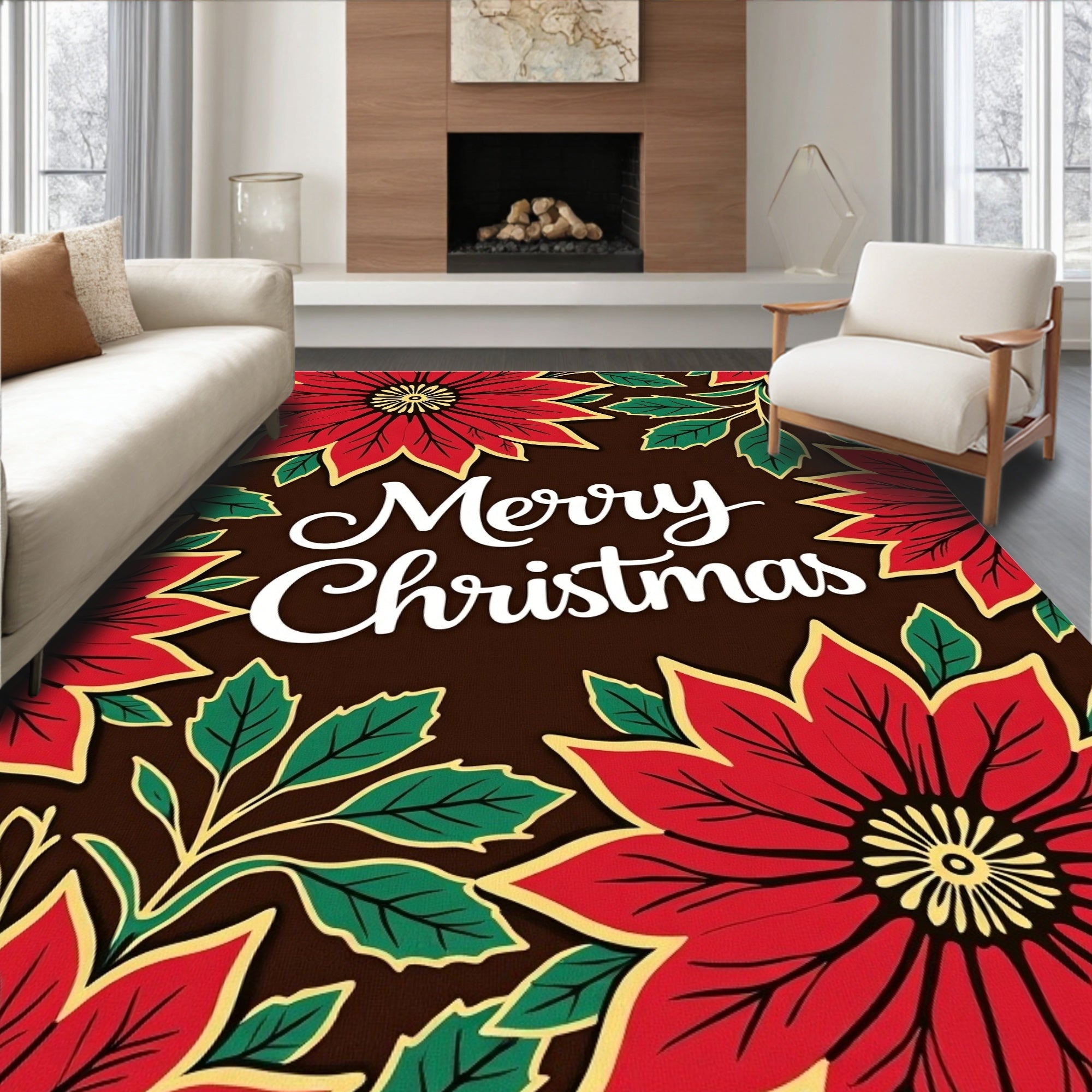 Crimson Poinsettia Festive Holiday Rug