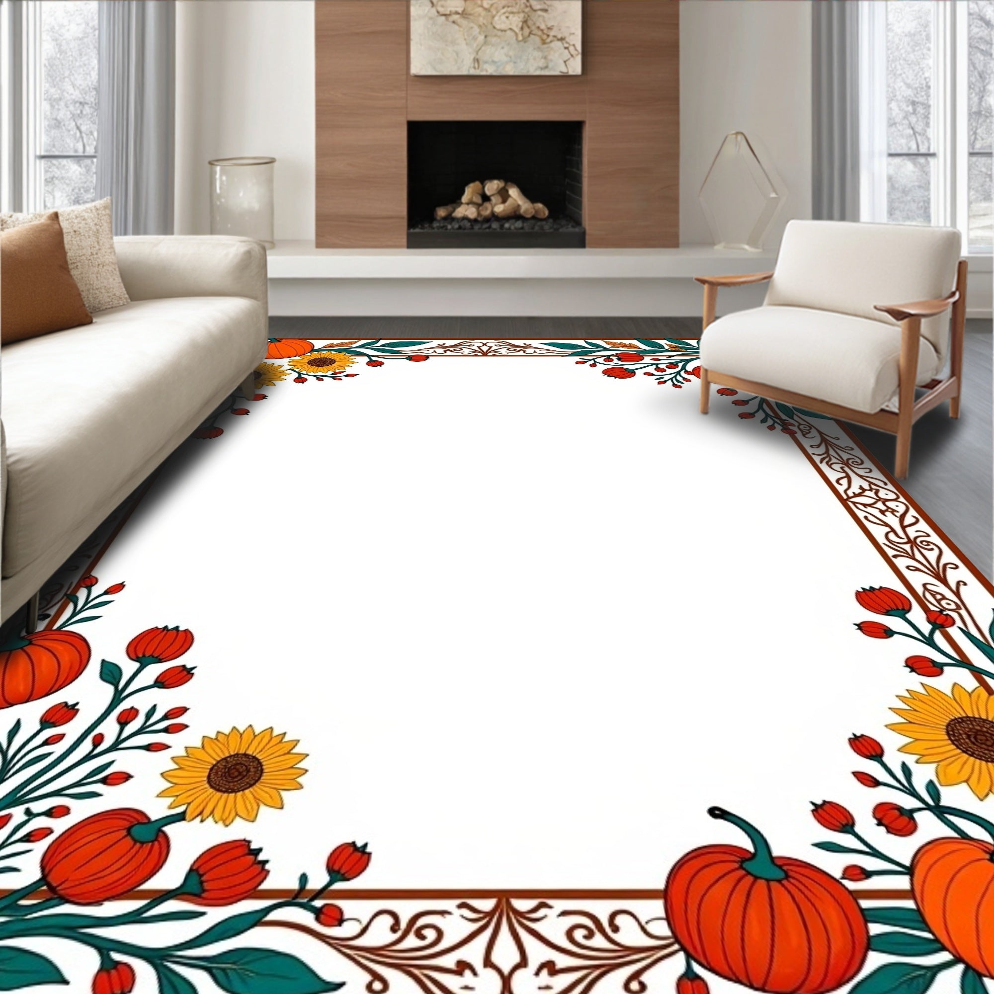 Autumn Sunflowers Pumpkins Vines Border Rug