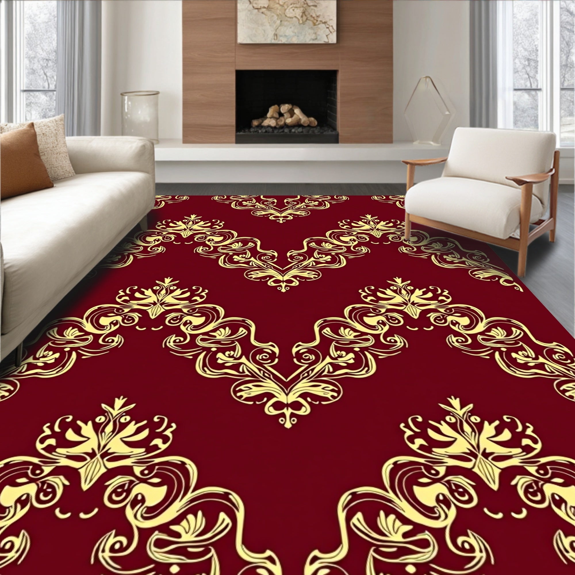 Golden Damask Floral Swirl Rug