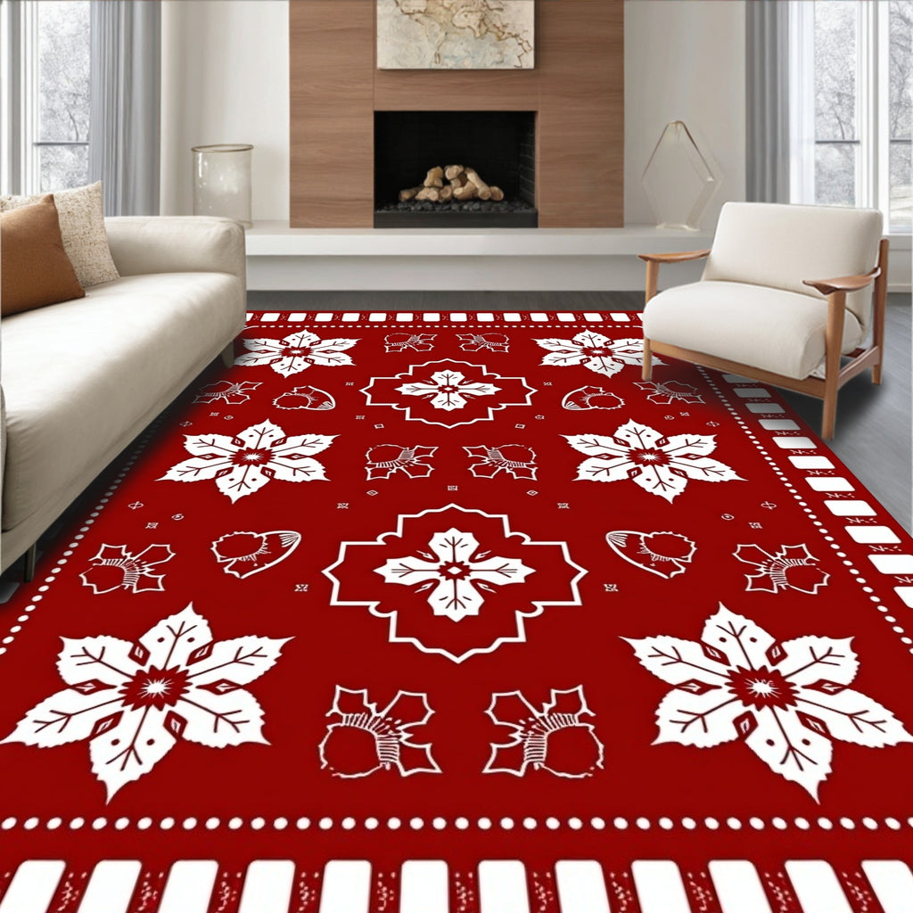 Classic Red White Folk Floral Medallion Rug