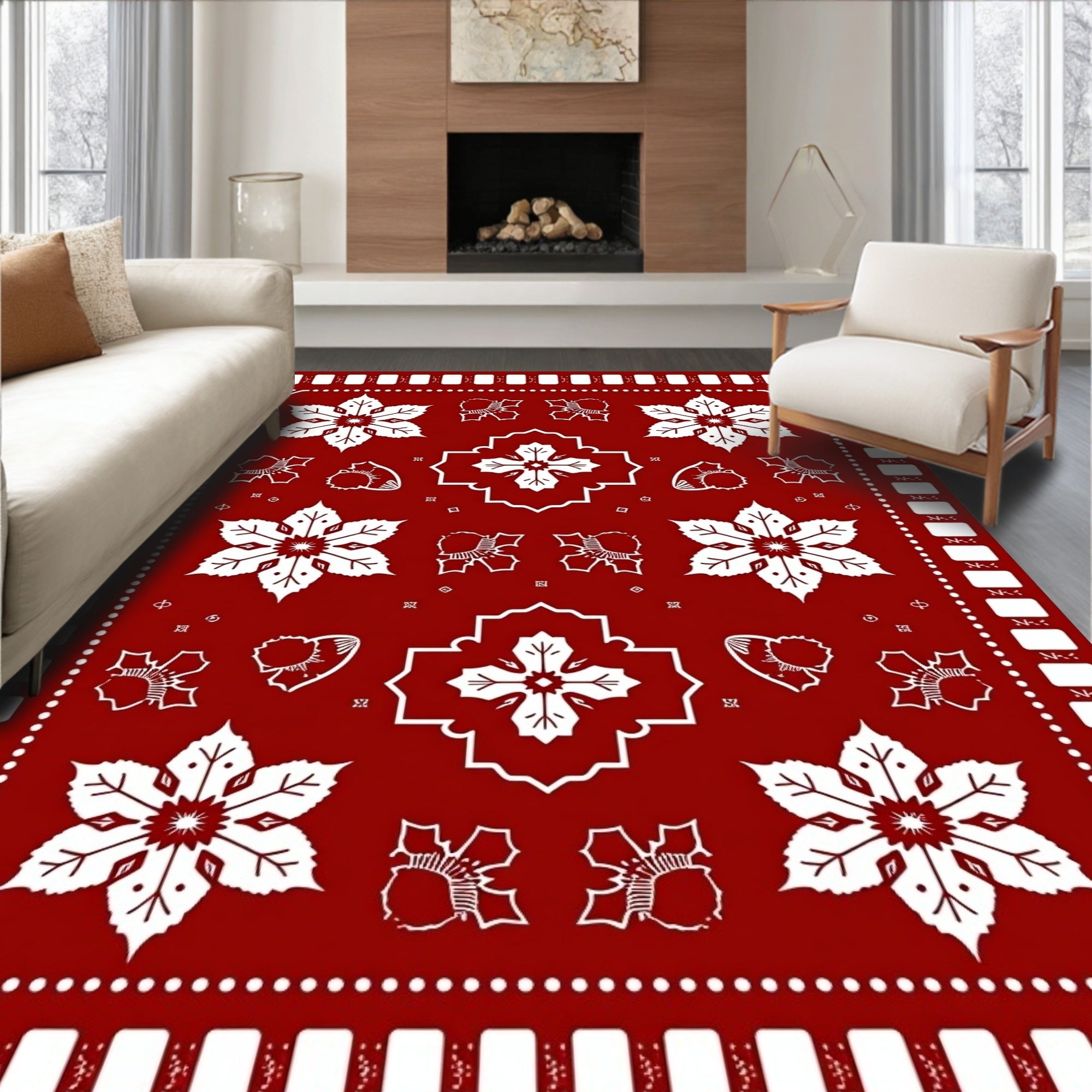 Classic Red White Folk Floral Medallion Rug