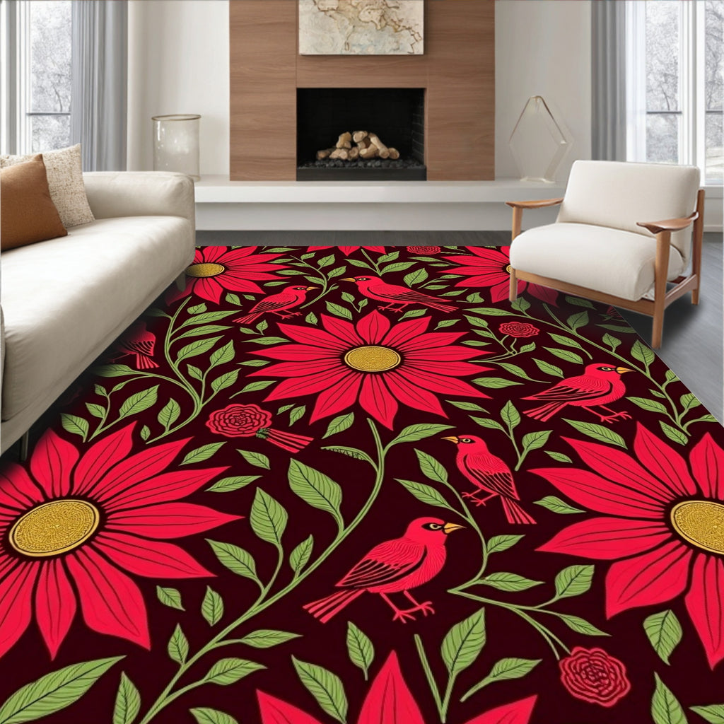 Crimson Birds Amidst Vibrant Floral Vines Rug