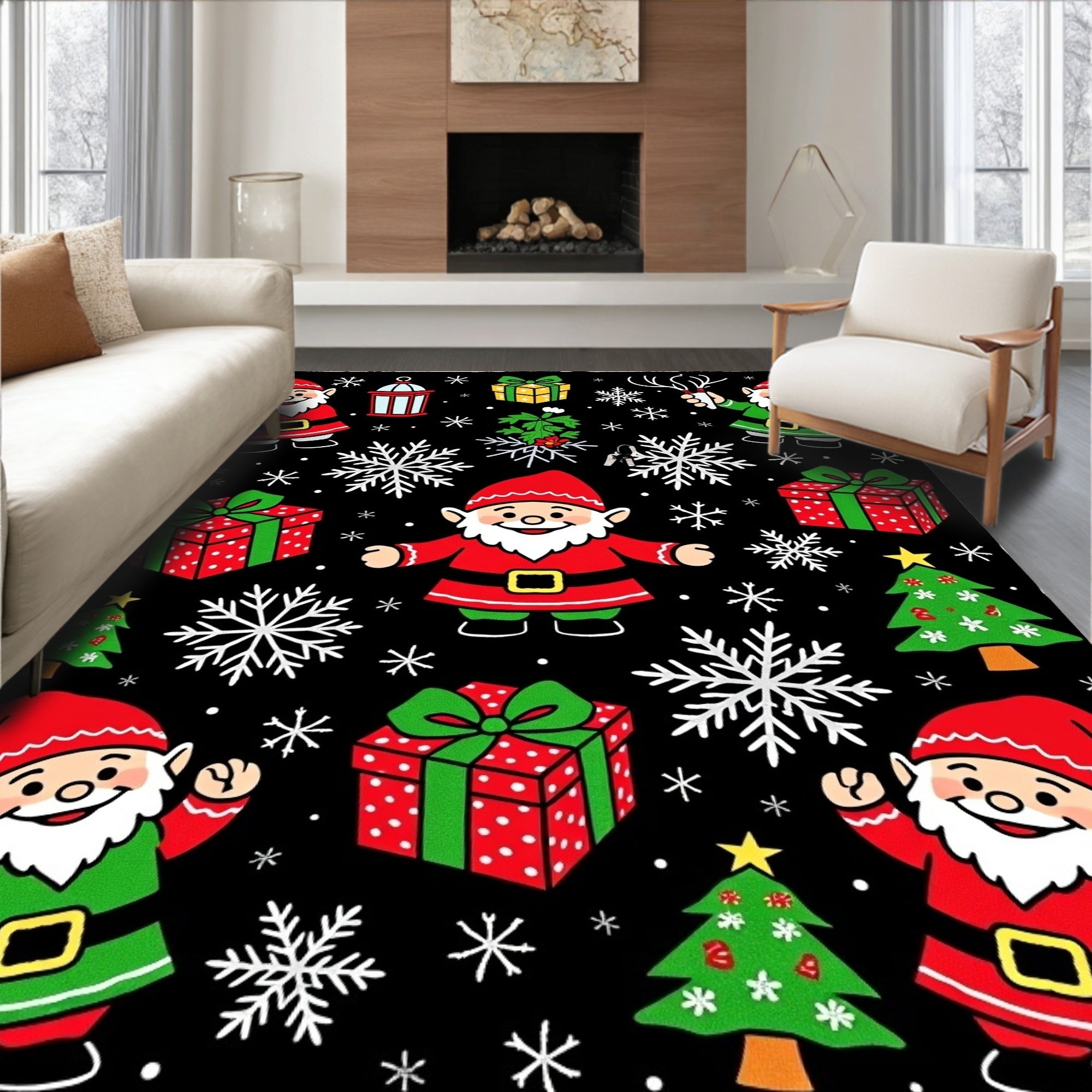 Festive Gnomes Snowflakes And Gifts Rug