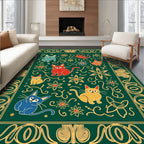 Emerald Green Whimsical Cat Floral Border Rug