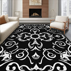 Black White Scrollwork Floral Medallion Rug