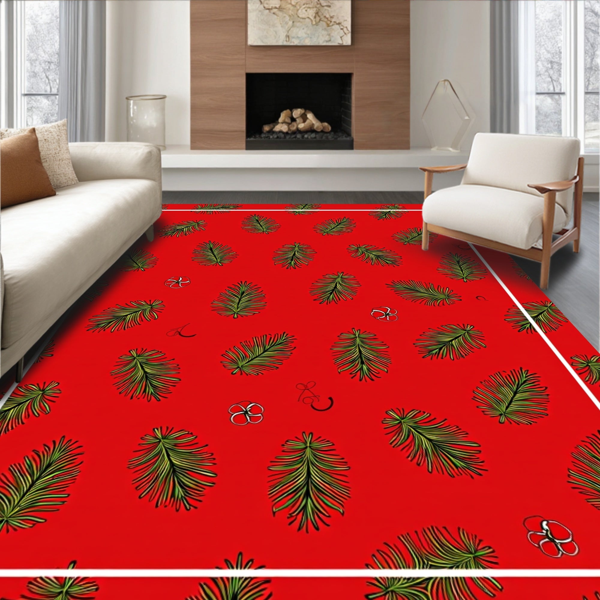 Red Pine Leaf Scatter Arrangement Rug
