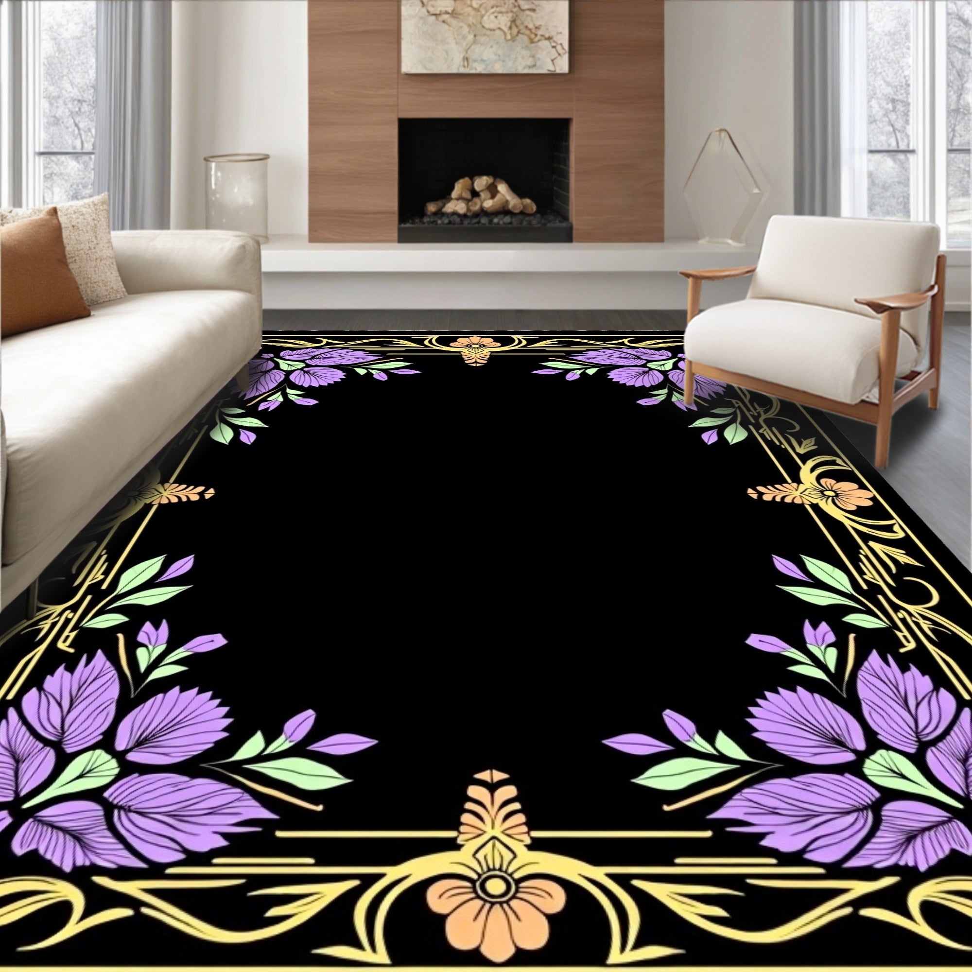 Art Nouveau Black Floral Border Rug