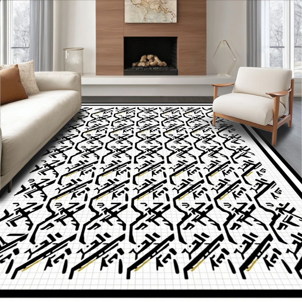 Black White Gold Geometric Overlay Rug