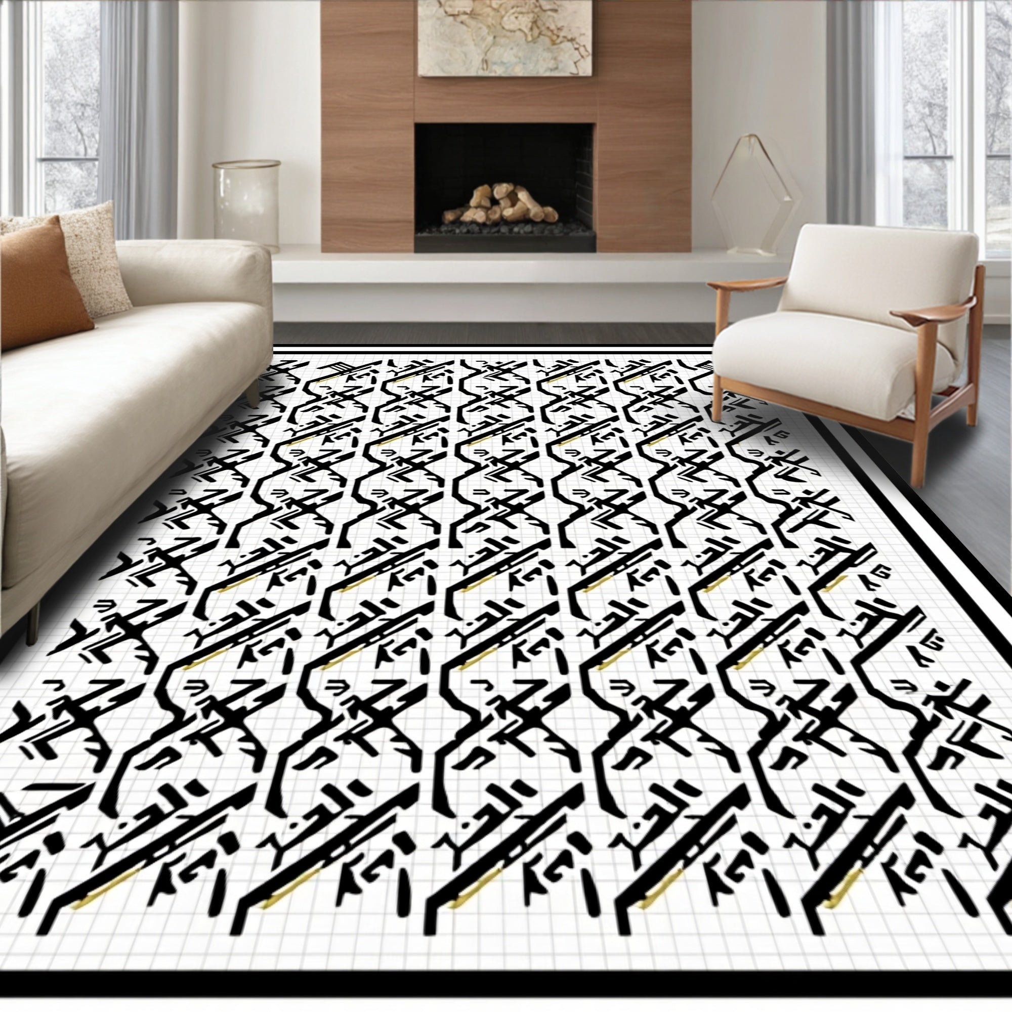 Black White Gold Geometric Overlay Rug