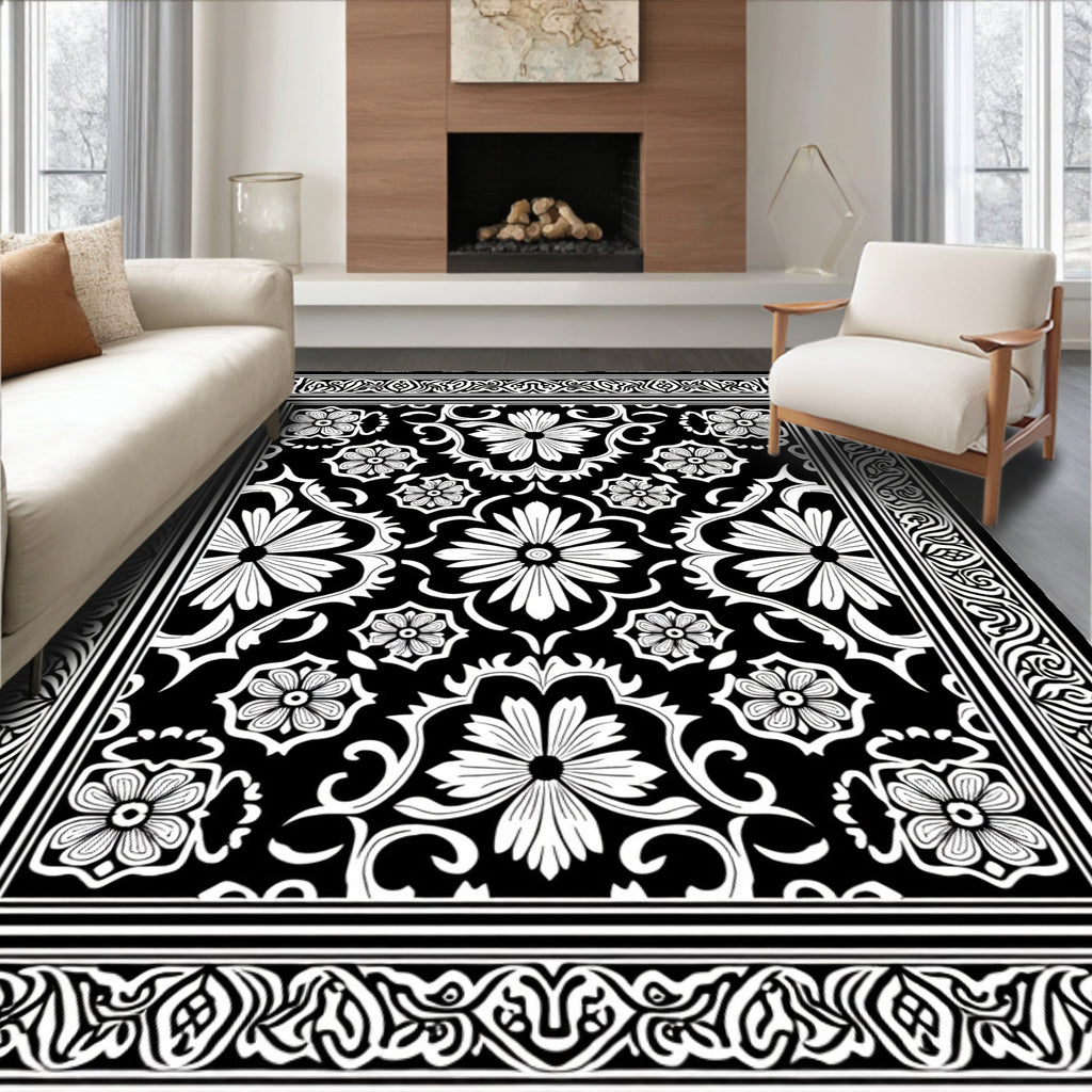 Classic Black White Floral Garden Rug