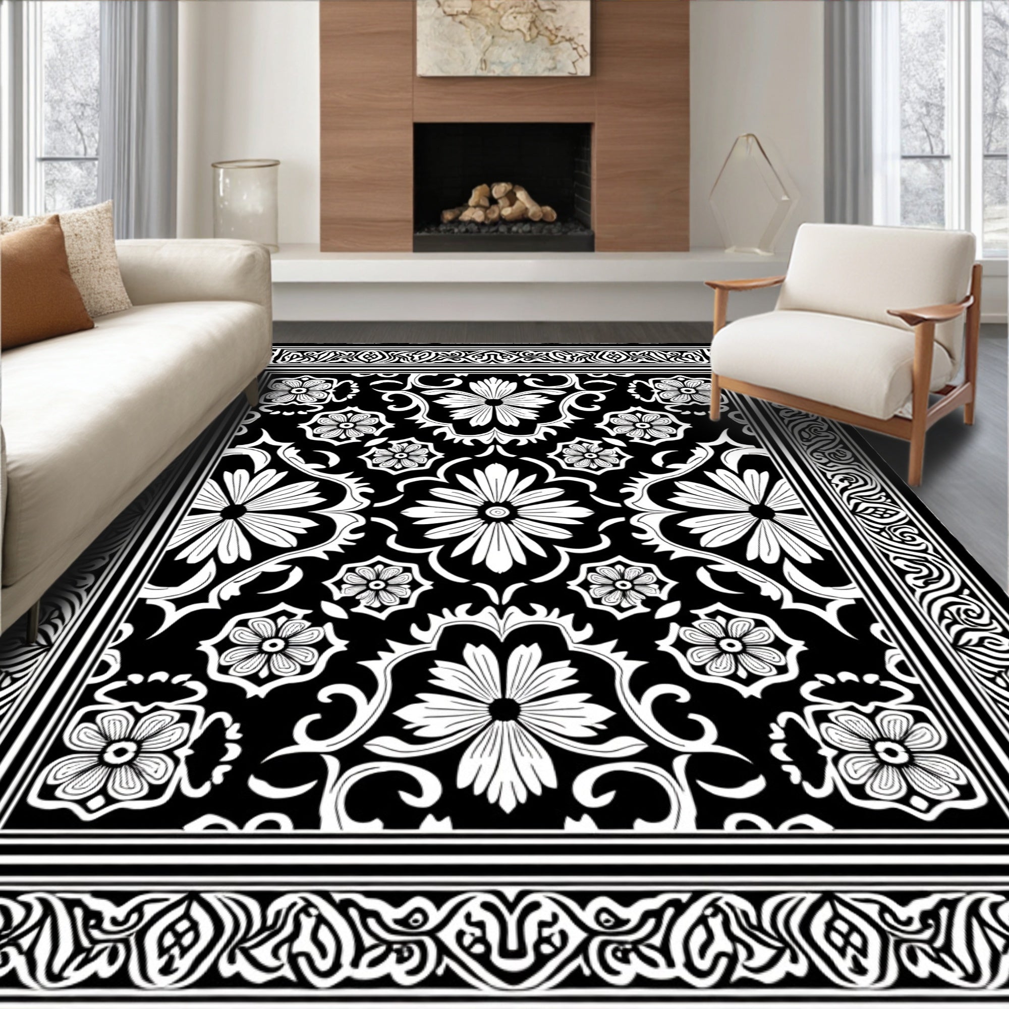 Classic Black White Floral Garden Rug