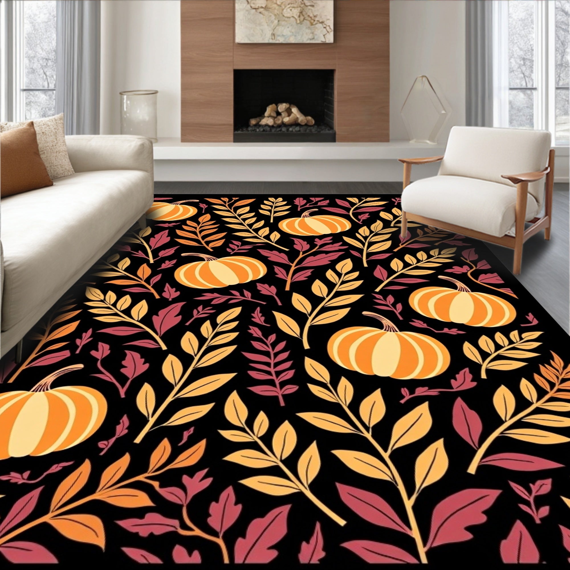 Autumn Pumpkin Leaf Garland Rug