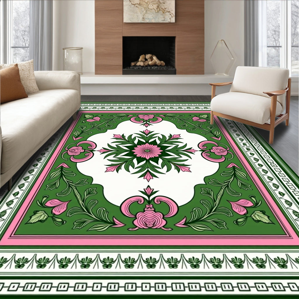 Green Pink Floral Garden Square Rug