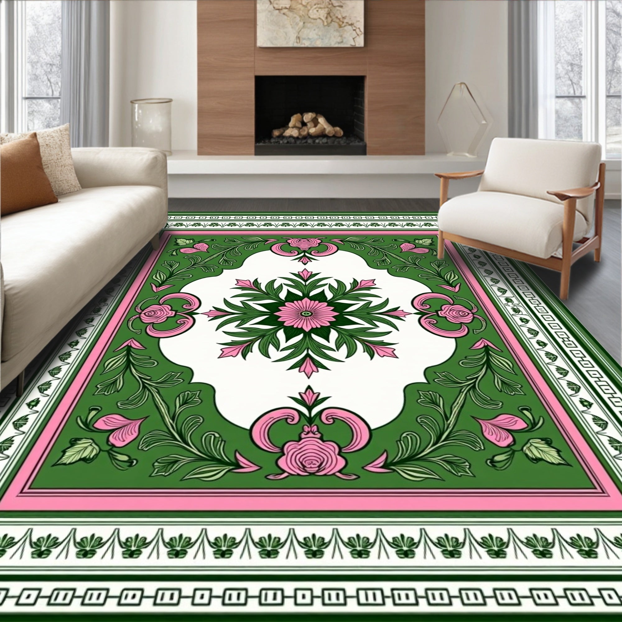 Green Pink Floral Garden Square Rug