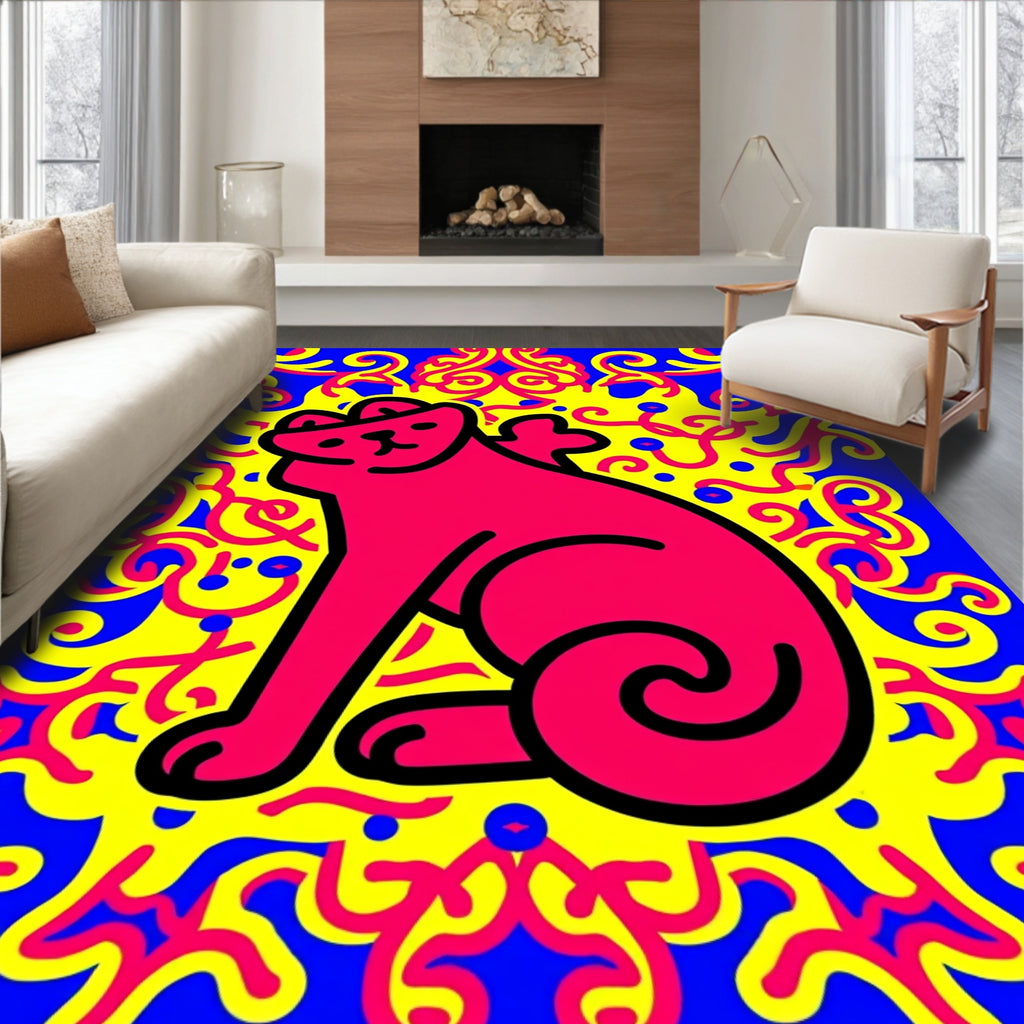 Vibrant Pink Cat Yellow Swirls Blue Rug