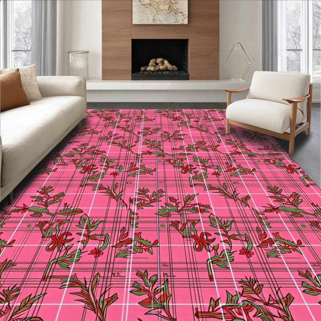 Plaid Floral Vines Pink Rug
