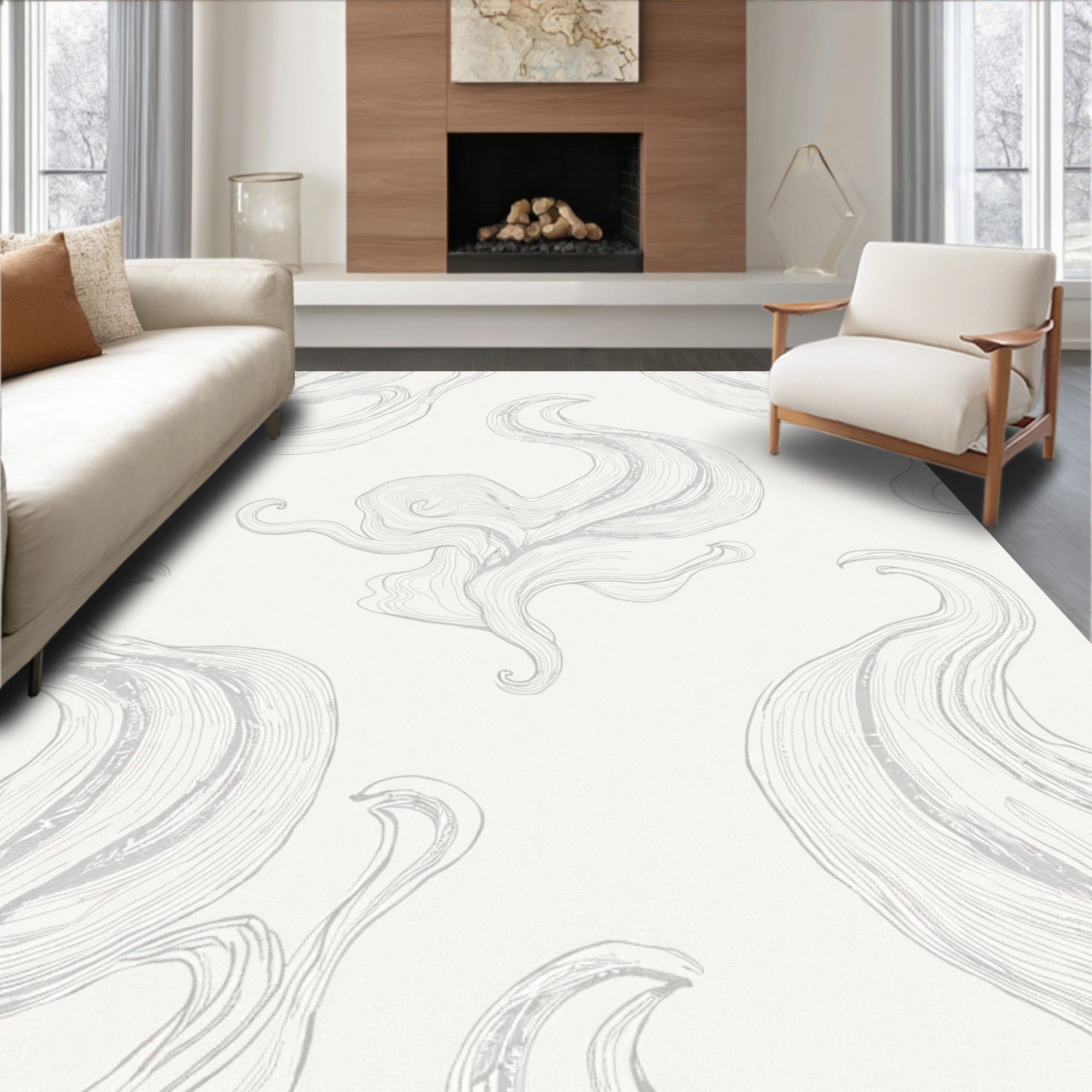 Abstract White Grey Swirls Rug