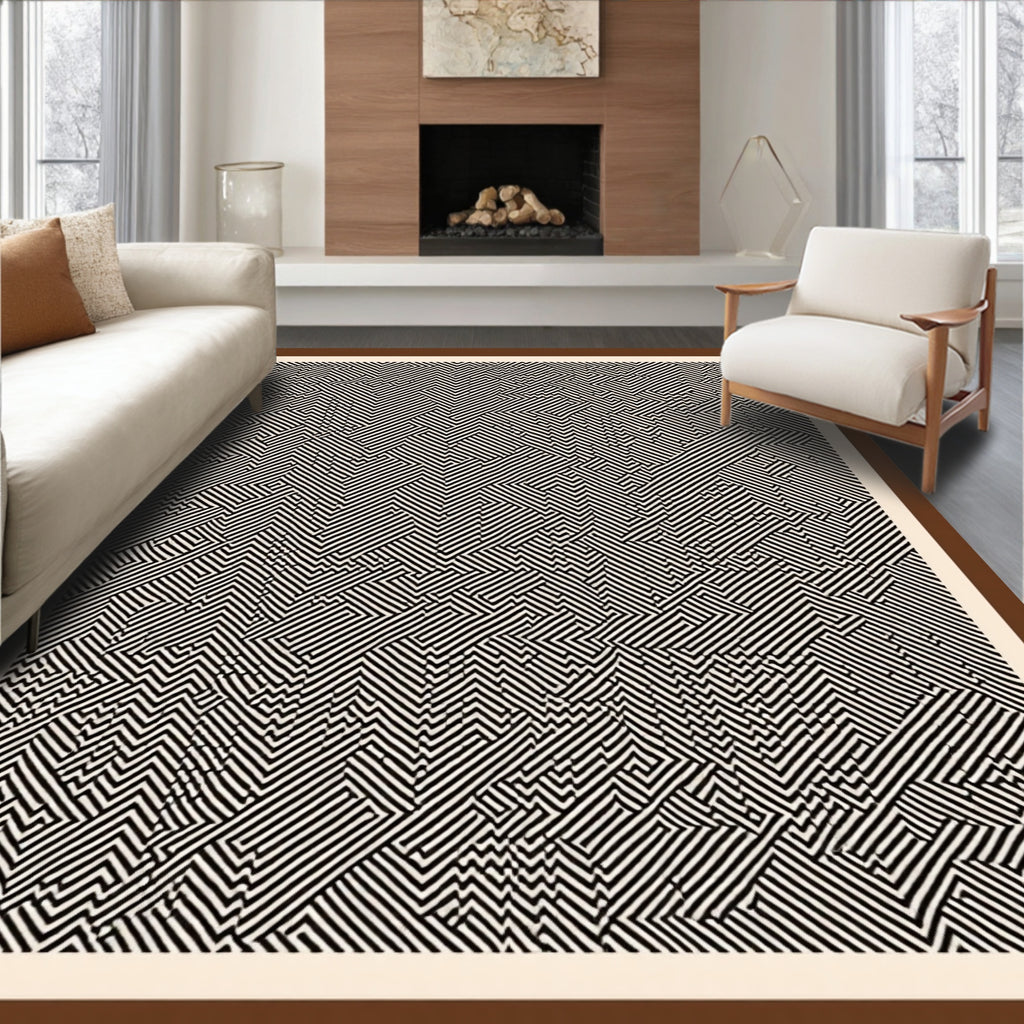 Modern Black White Maze Inlay Rug