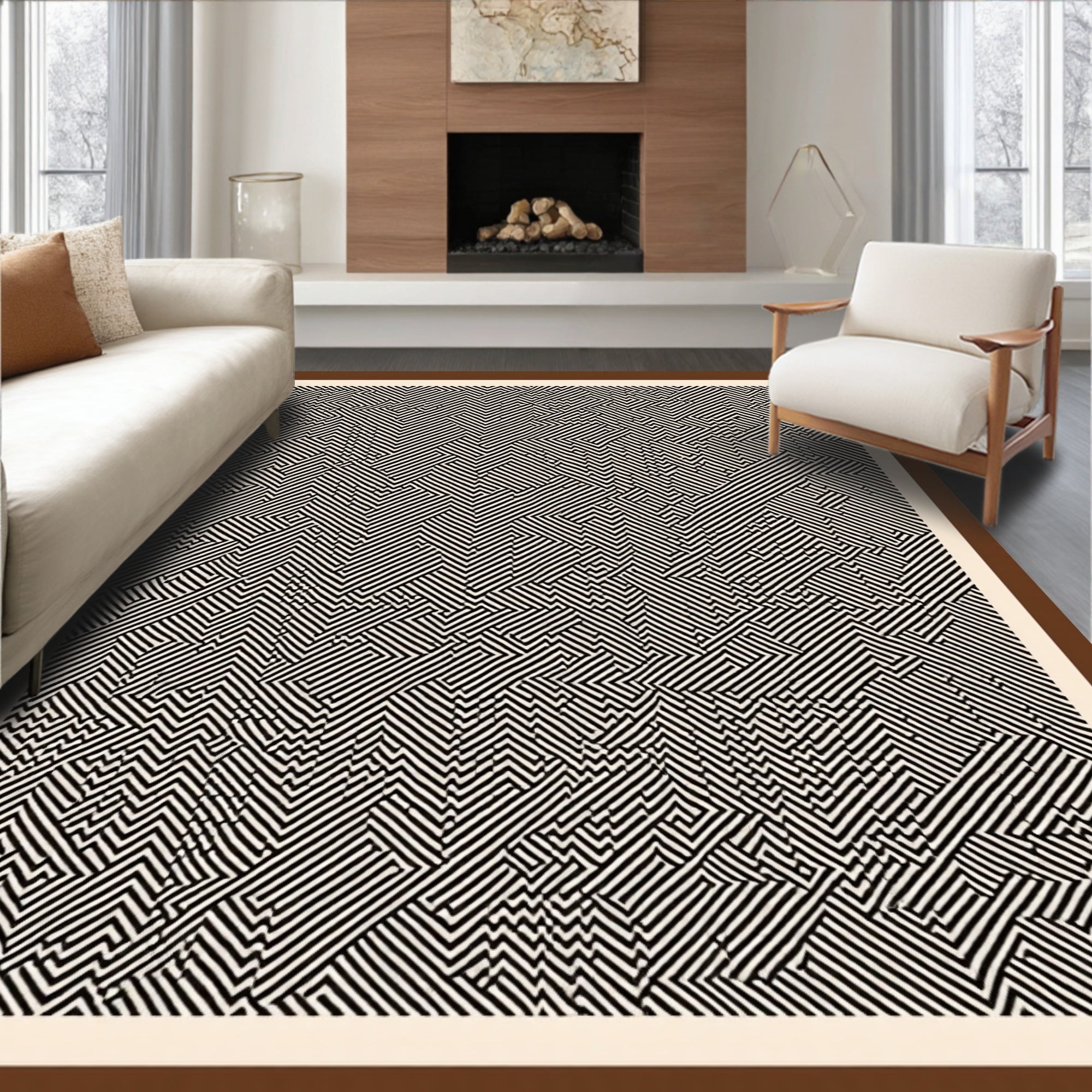 Modern Black White Maze Inlay Rug