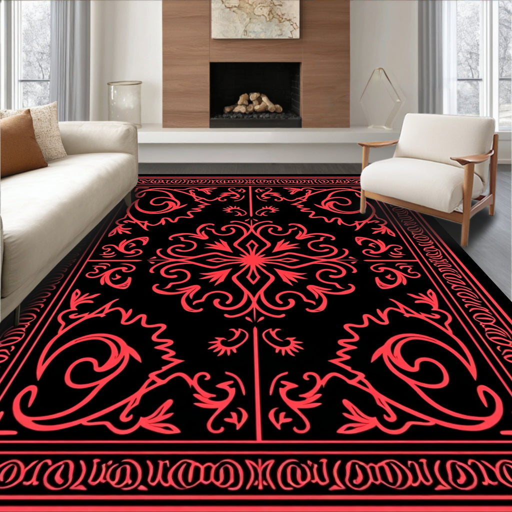 Bold Red Floral Scrollwork Borders Rug