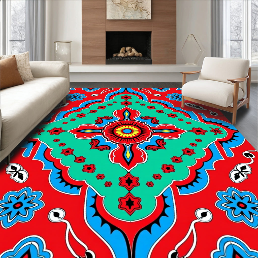 Vibrant Red Turquoise Floral Mandala Rug