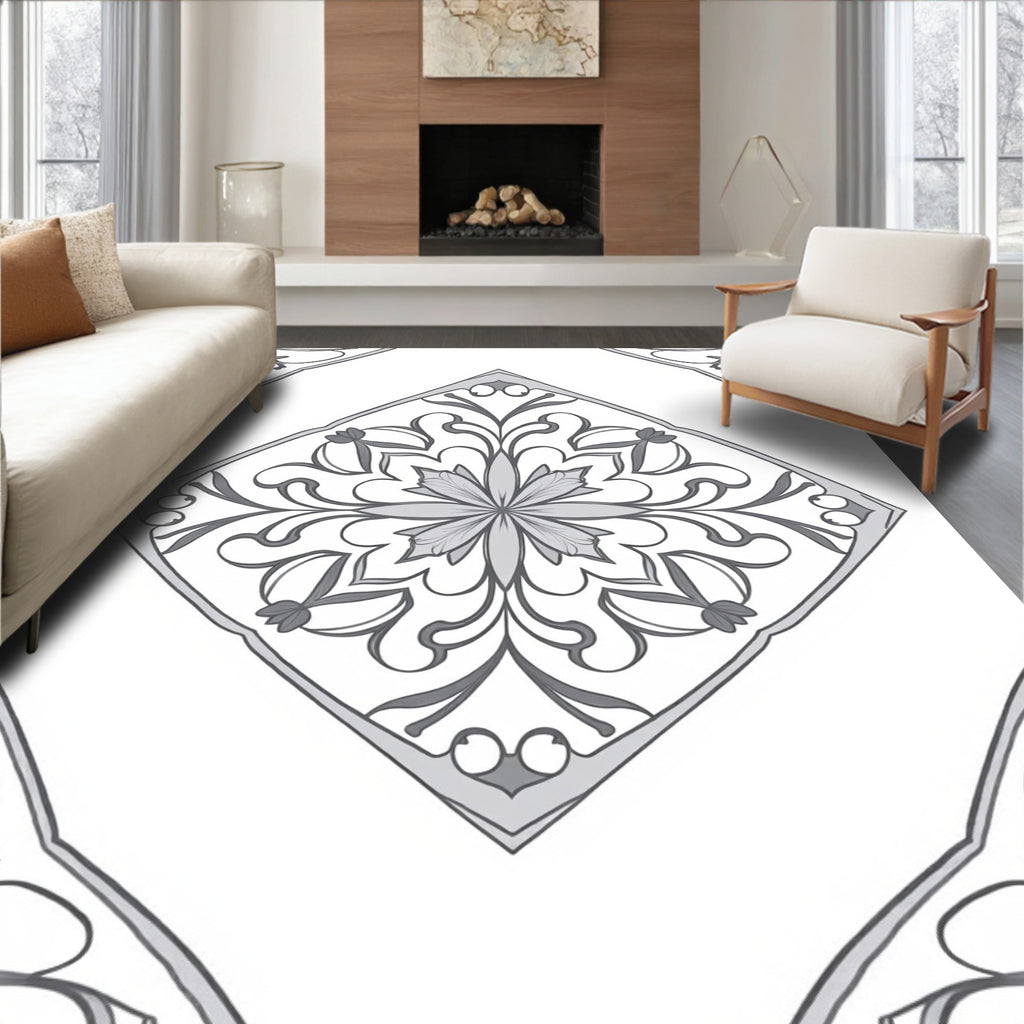 Gray Floral Medallion Diamond Rug