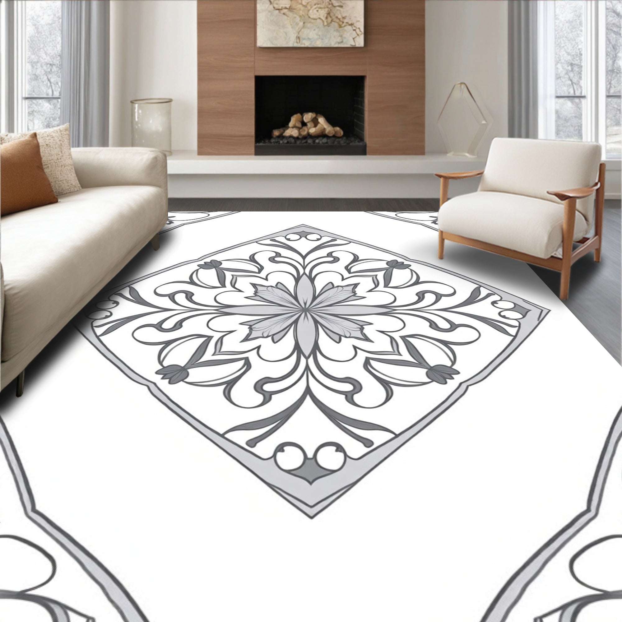 Gray Floral Medallion Diamond Rug