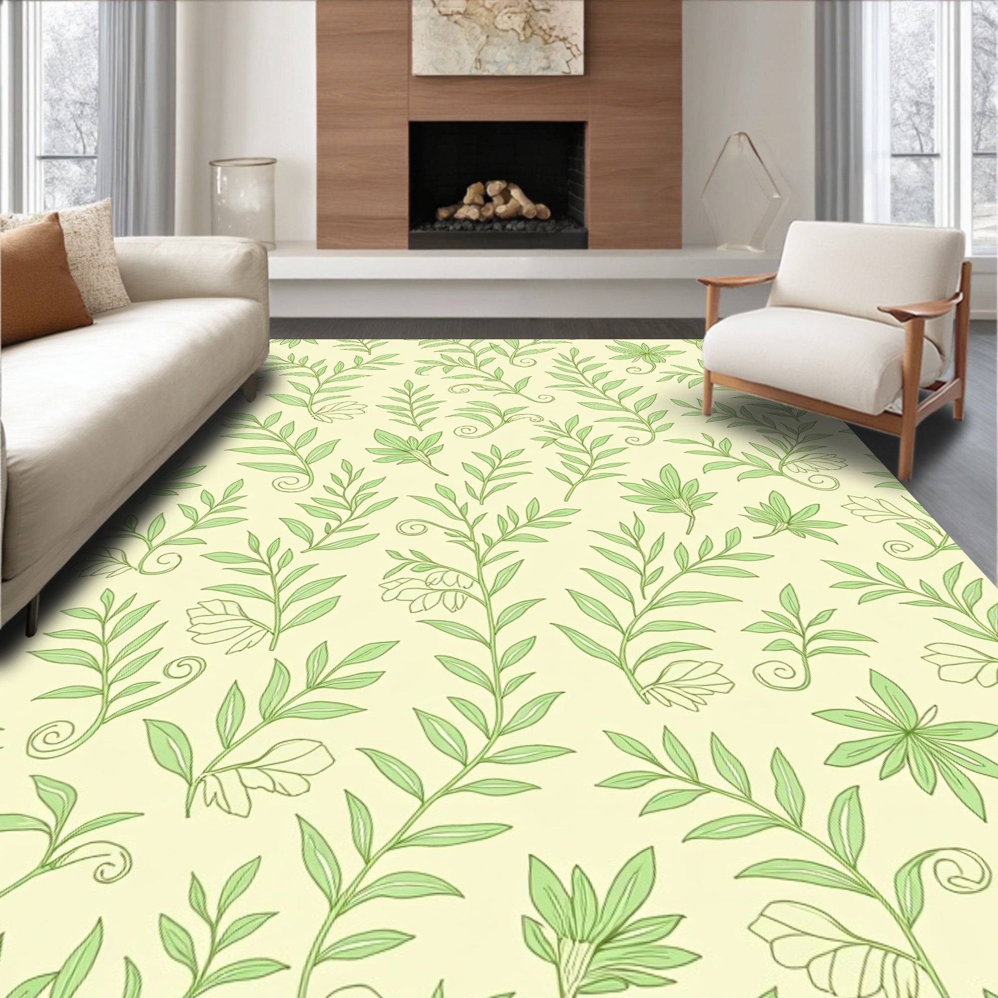 Light Green Botanical Scroll Rug