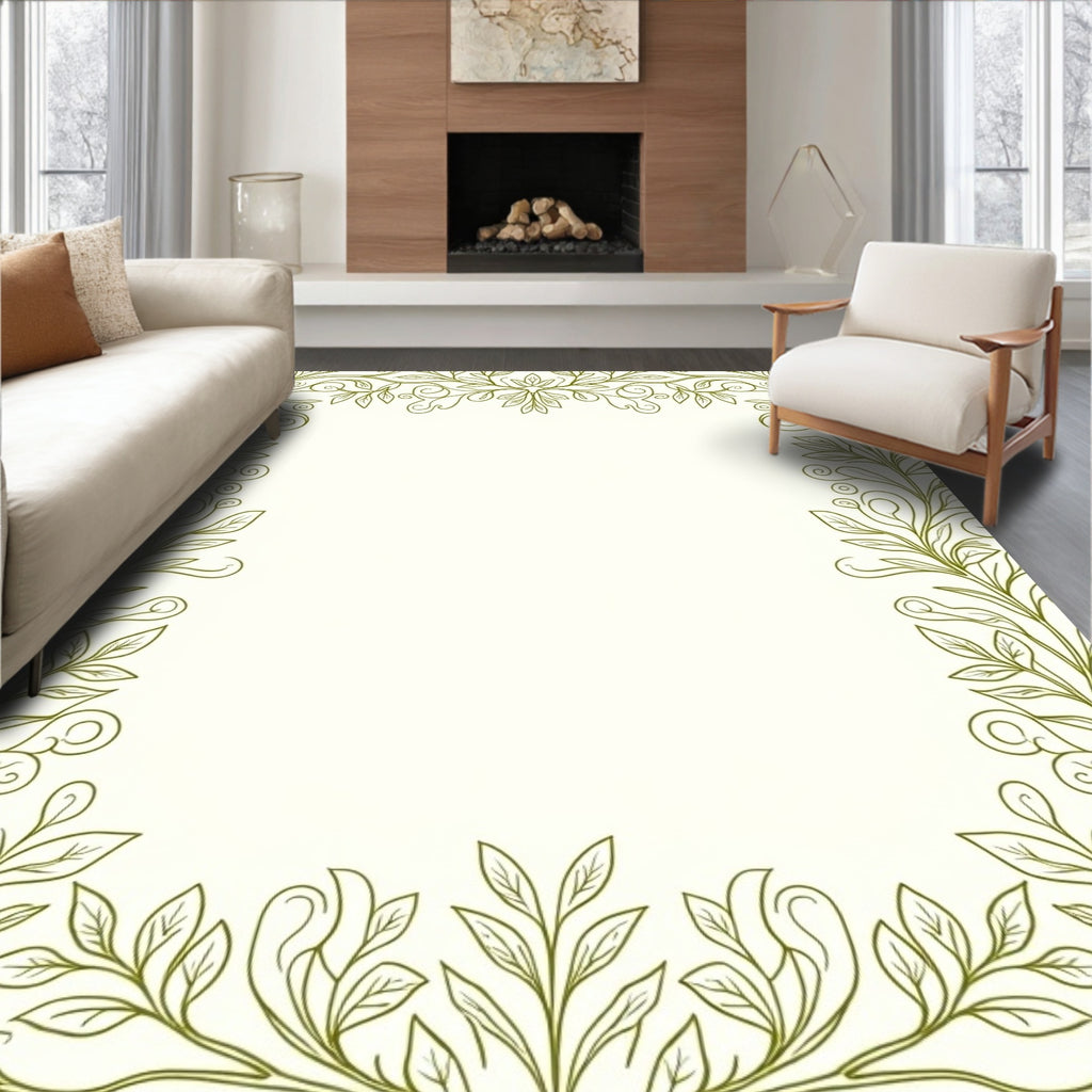 Olive Green Flourishing Vine Border Rug
