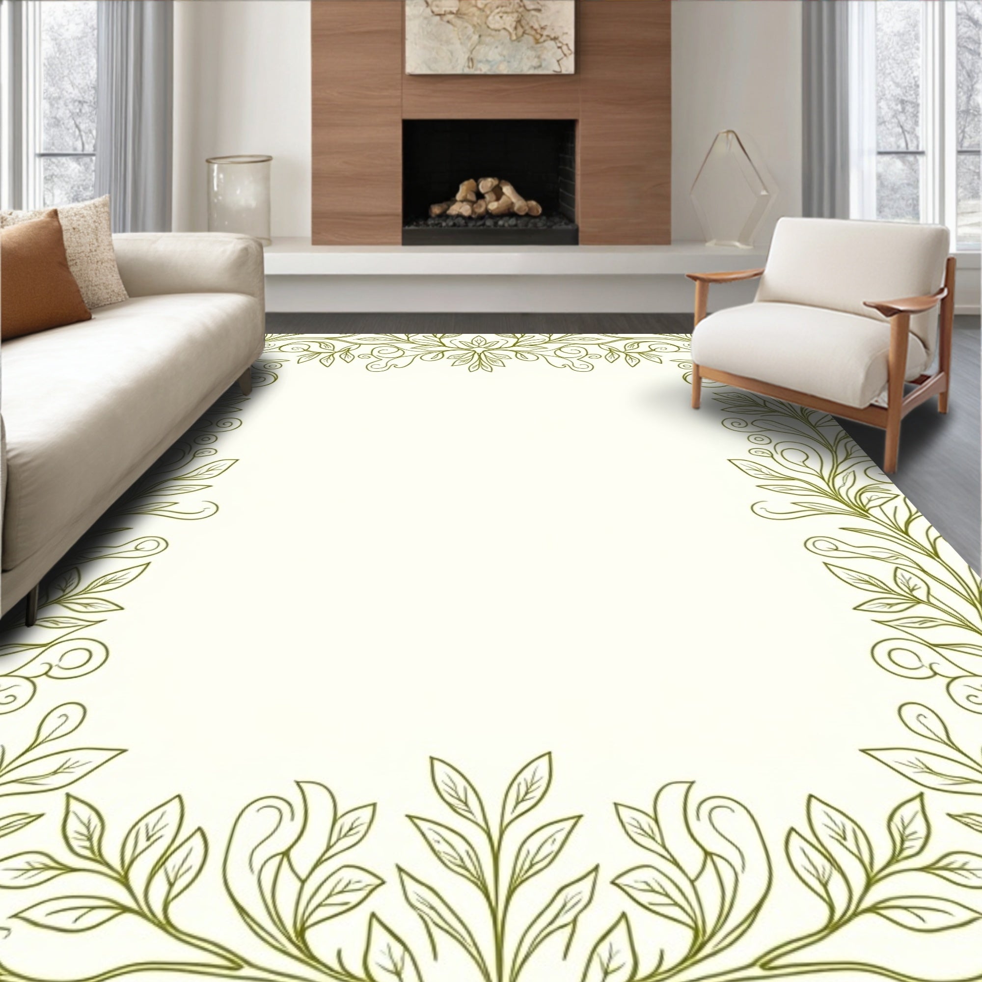 Olive Green Flourishing Vine Border Rug