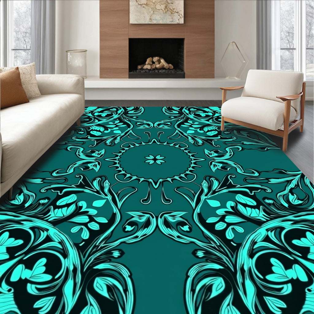 Teal Abstract Floral Mandala Rug