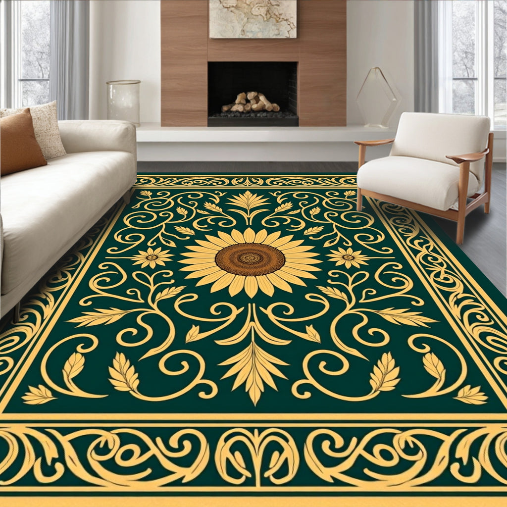 Golden Sunflower Floral Scroll Rug