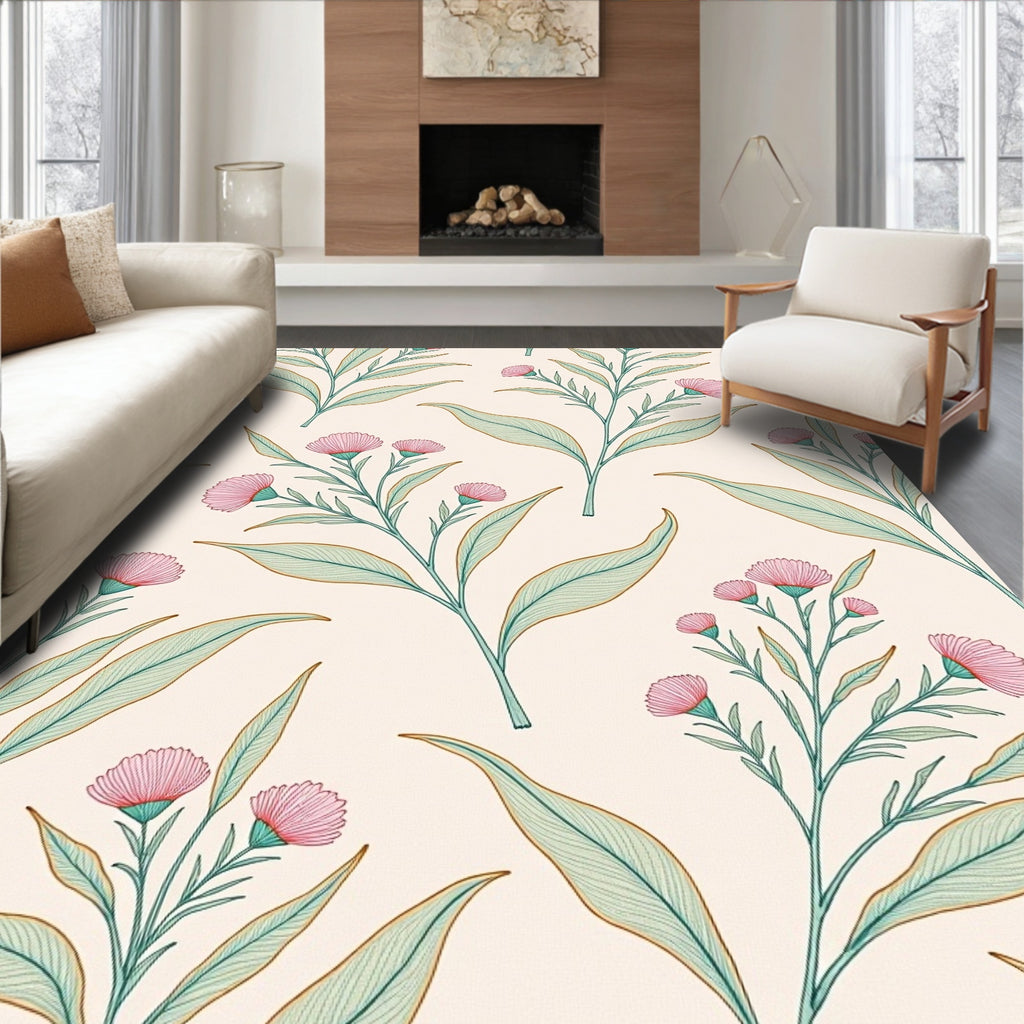 Delicate Pink Flower Botanical Arrangement Rug