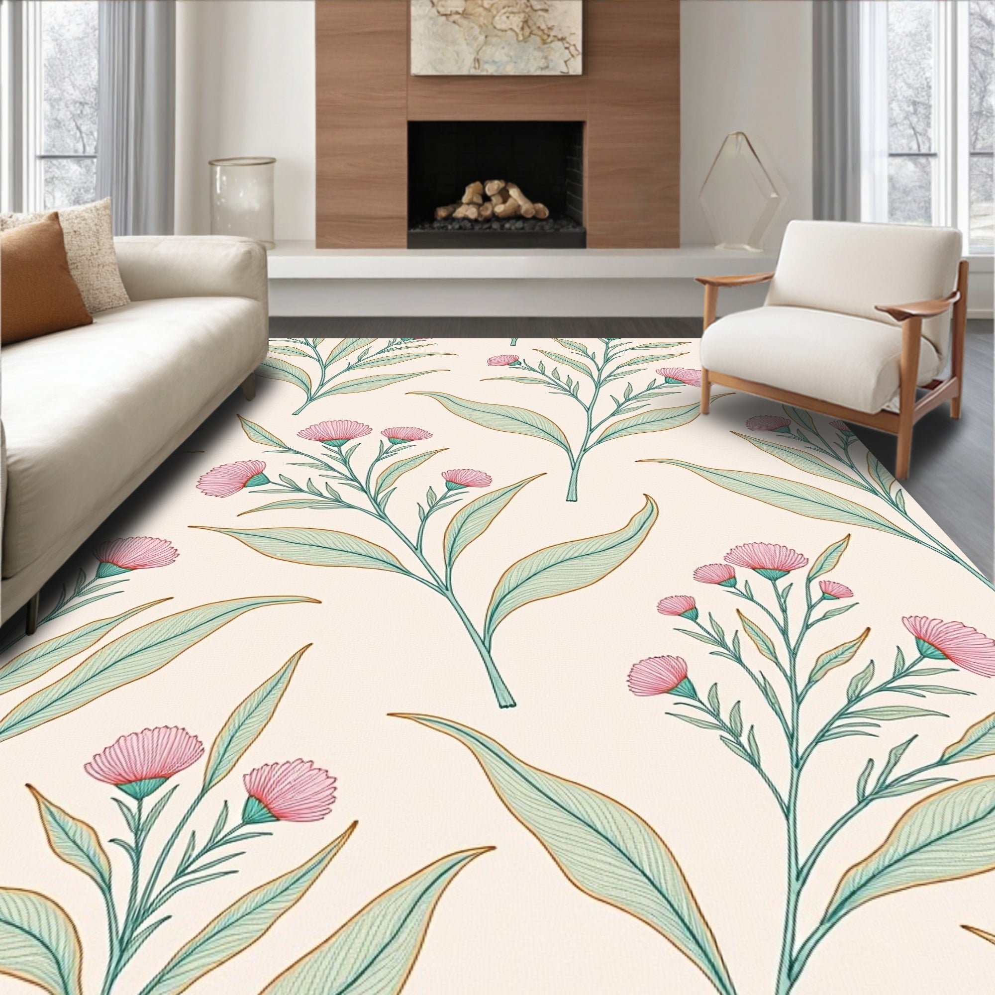 Delicate Pink Flower Botanical Arrangement Rug