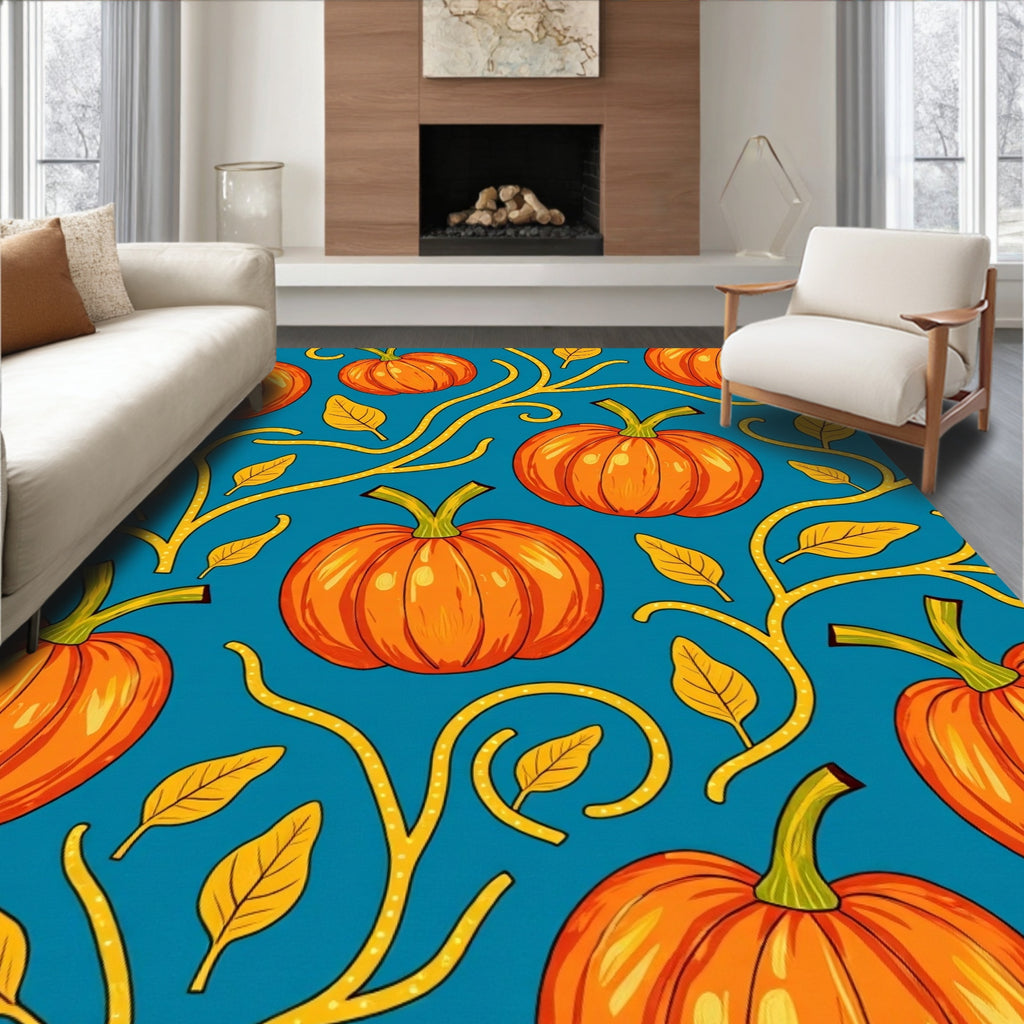 Orange Pumpkins Yellow Vine Teal Rug