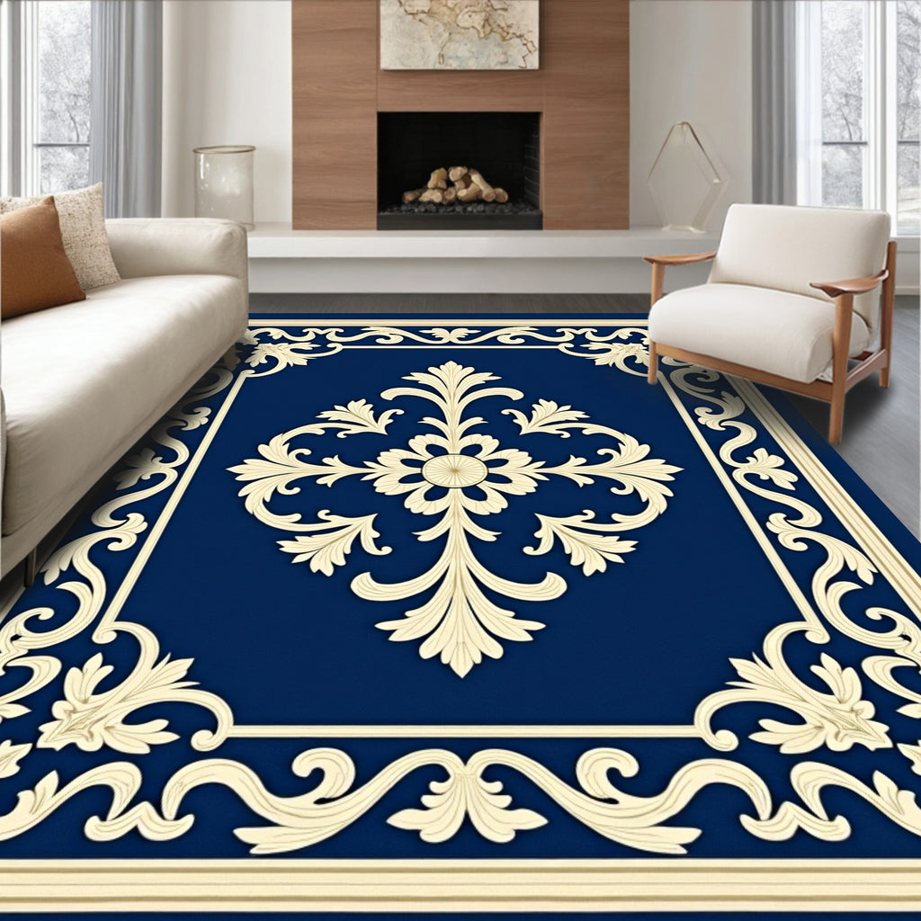 Ornate Navy Floral Scrollwork Rug