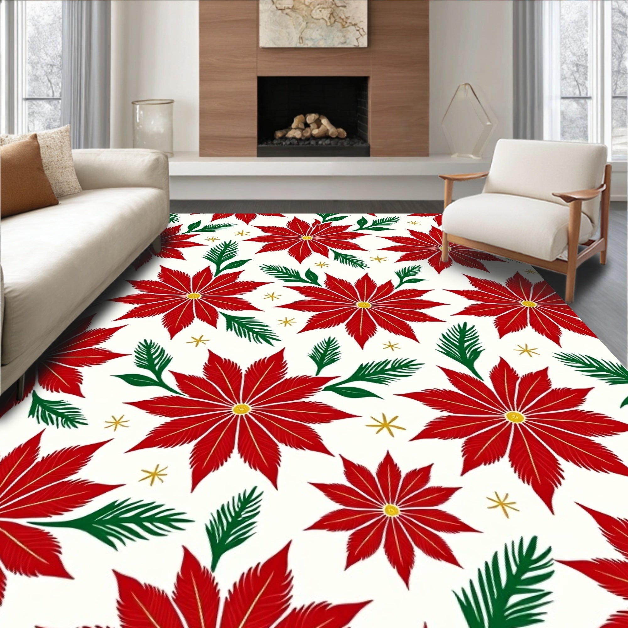 Crimson Red Poinsettia Festive Garland Rug