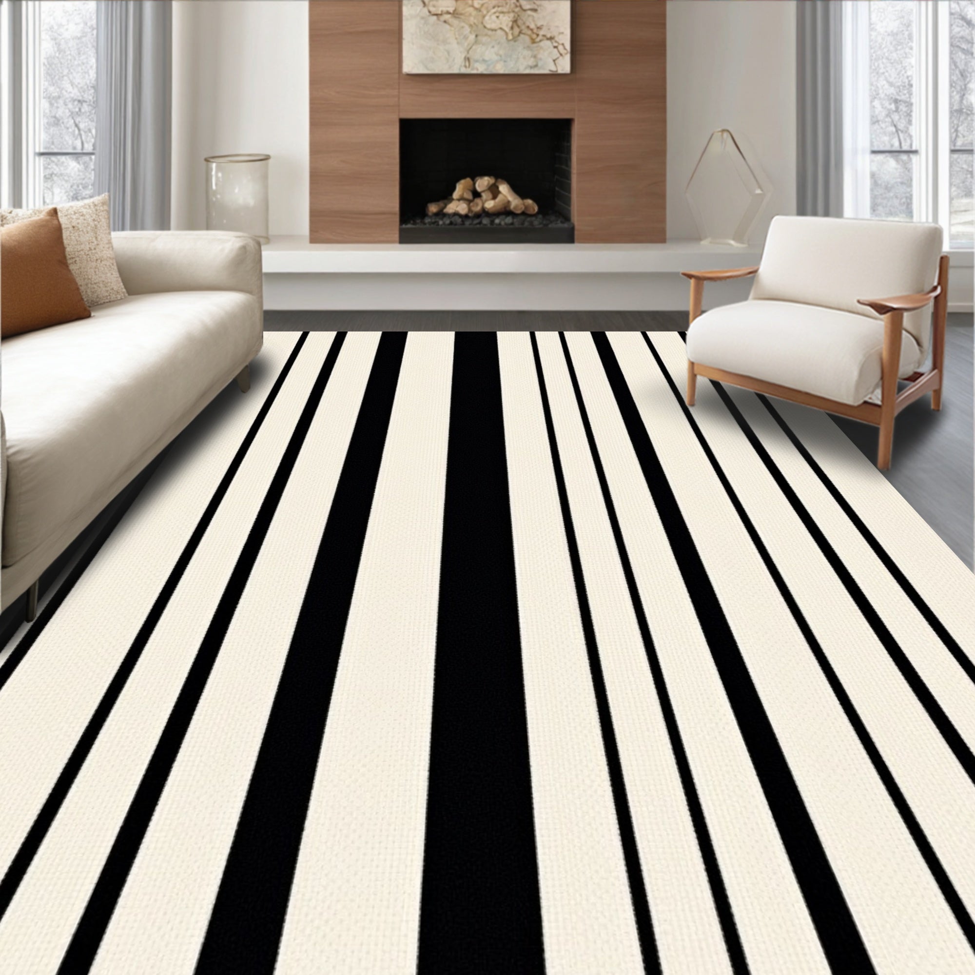 Modern Black Cream Vertical Stripes Rug
