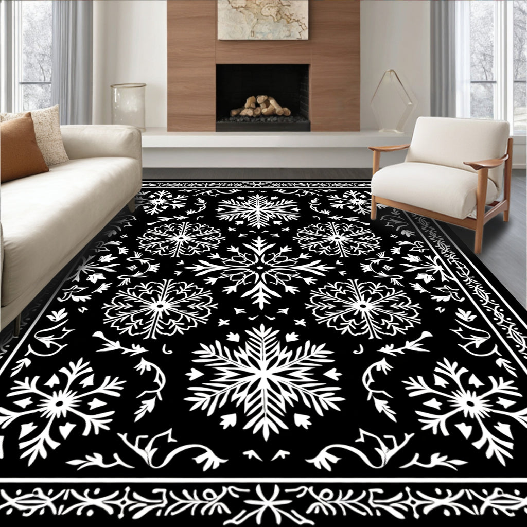 Black White Snowflake Mandala Border Rug